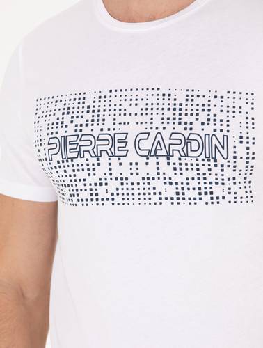 Beyaz Slim Fit Pierre Cardin Baskılı Bisiklet Yaka Tişört