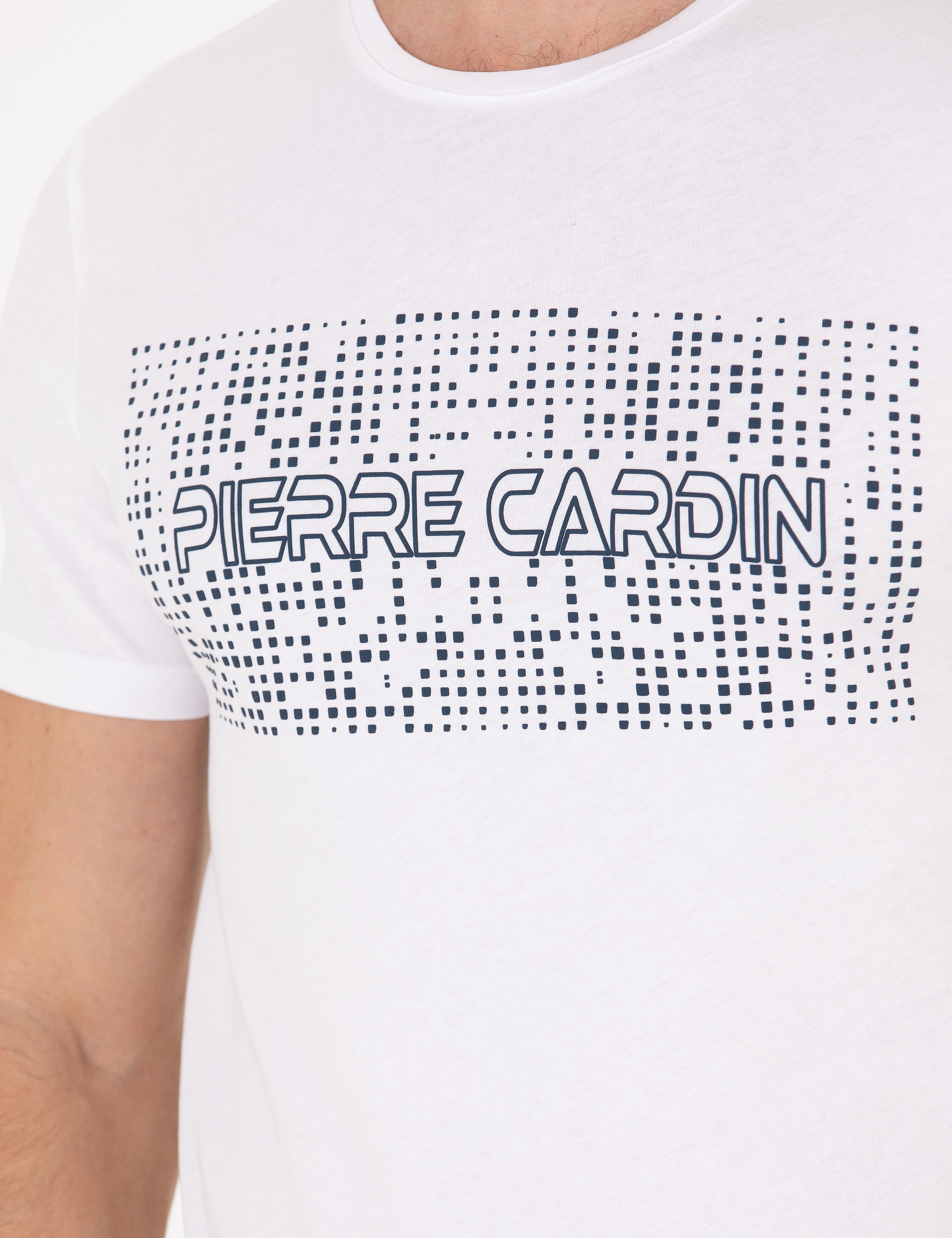 Beyaz Slim Fit Pierre Cardin Baskılı Bisiklet Yaka Tişört