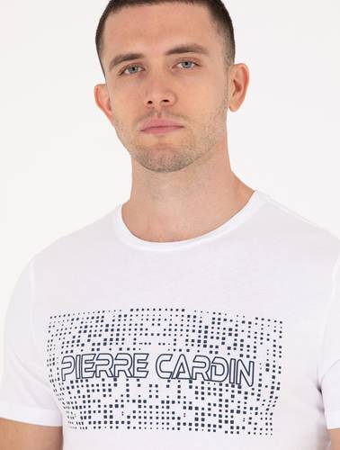 Beyaz Slim Fit Pierre Cardin Baskılı Bisiklet Yaka Tişört
