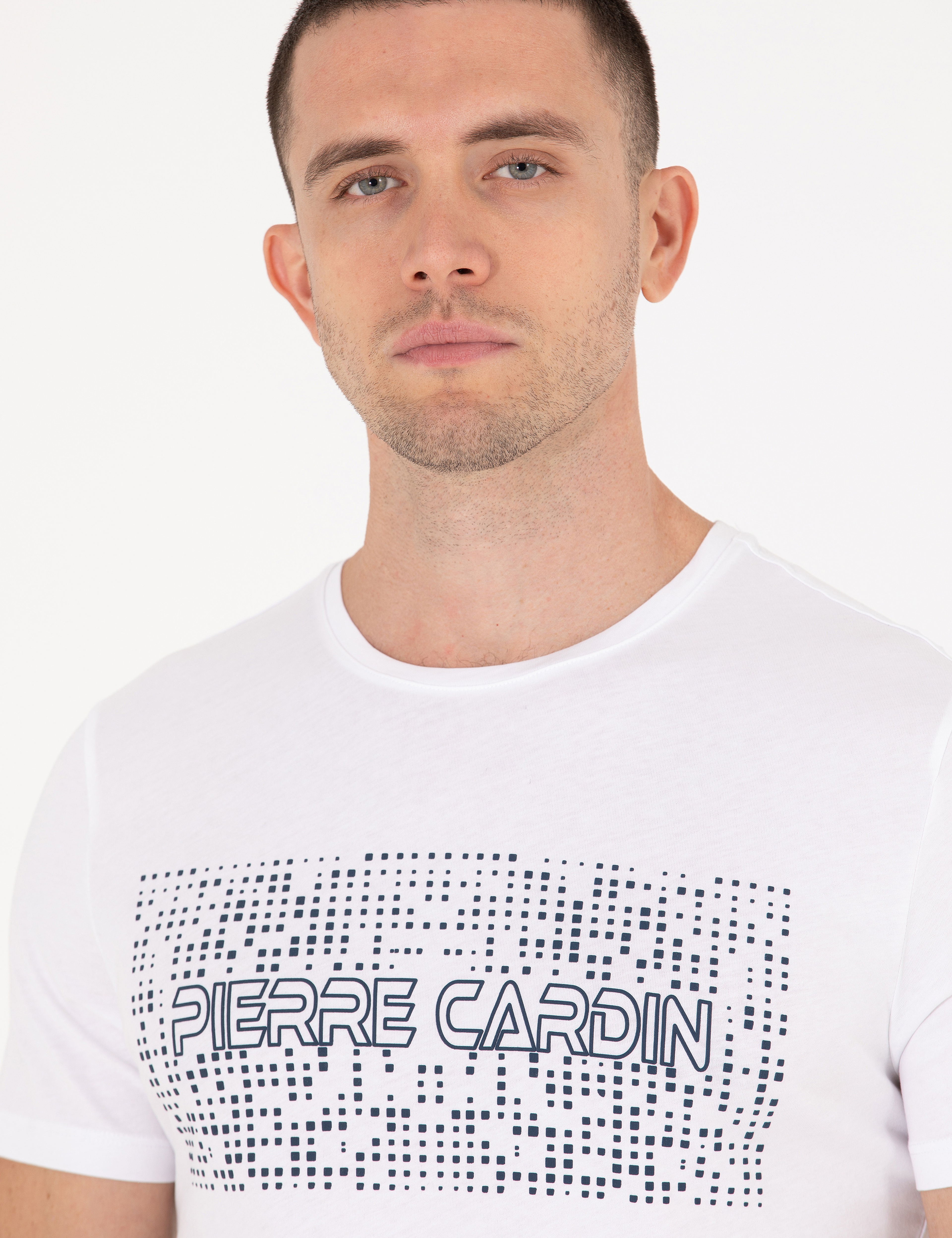 Beyaz Slim Fit Pierre Cardin Baskılı Bisiklet Yaka Tişört