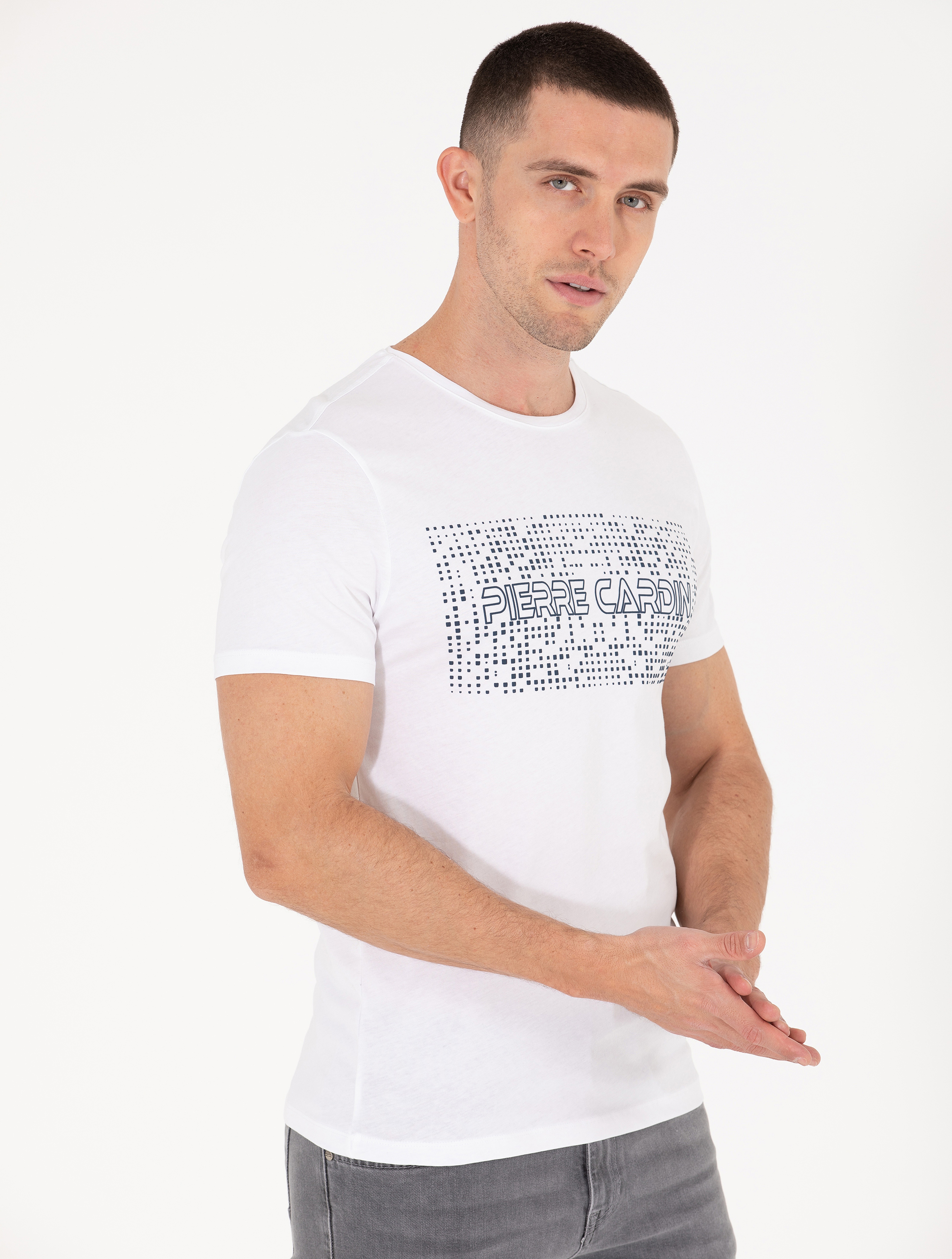 Beyaz Slim Fit Pierre Cardin Baskılı Bisiklet Yaka Tişört - Image 3