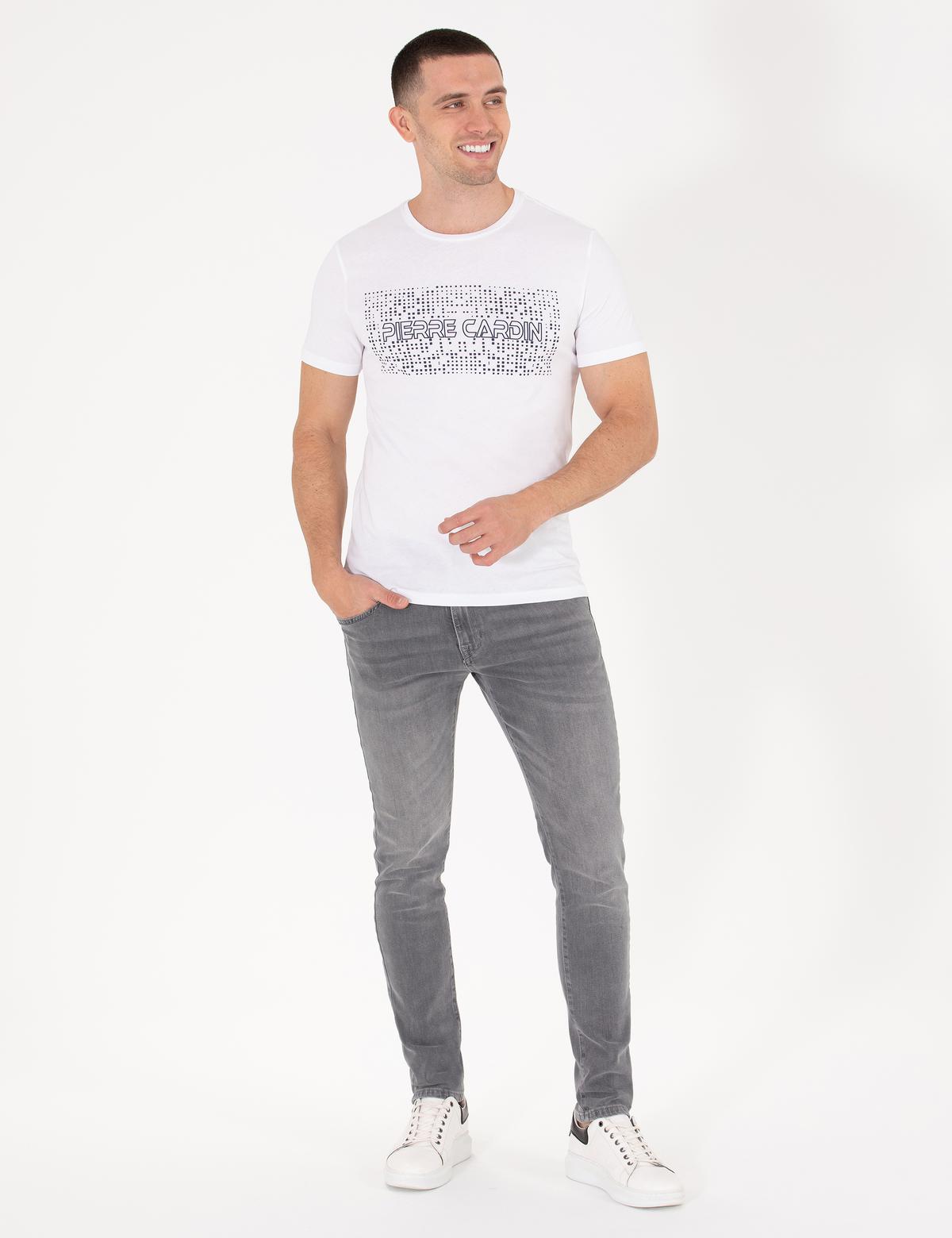 Beyaz Slim Fit Pierre Cardin Baskılı Bisiklet Yaka Tişört - 50262618022