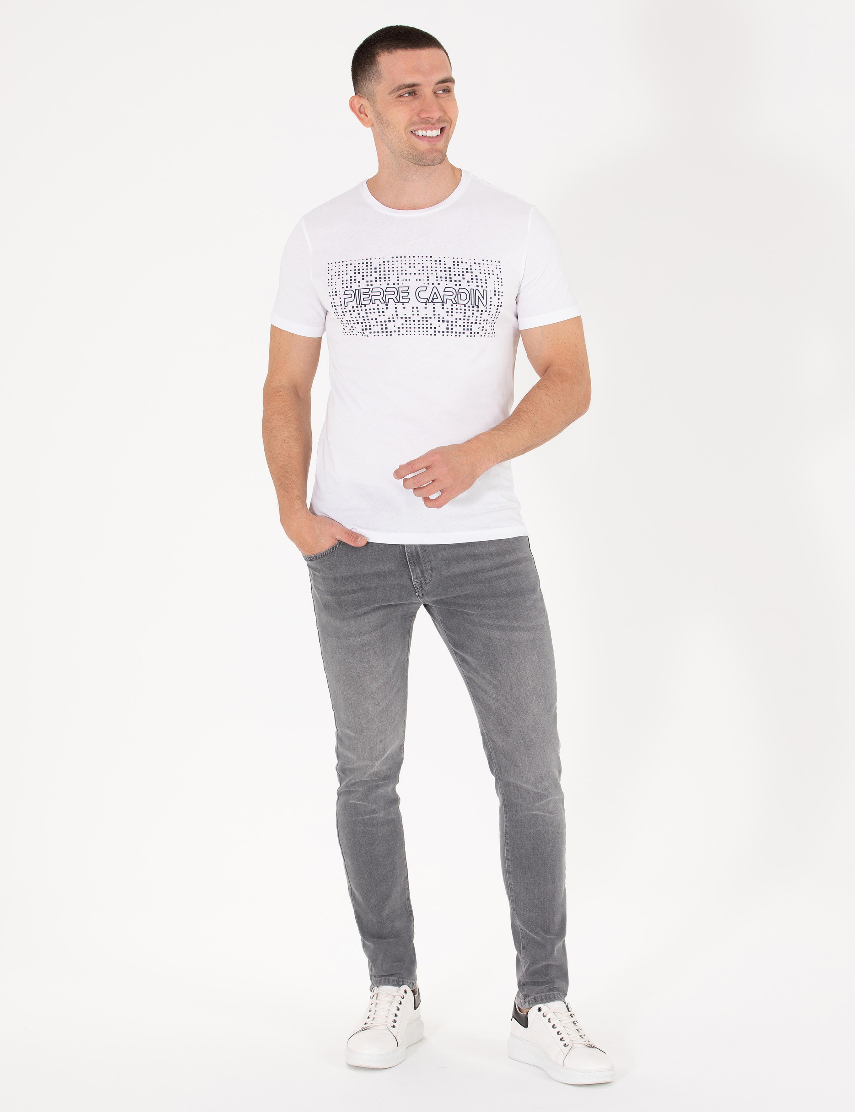 Beyaz Slim Fit Pierre Cardin Baskılı Bisiklet Yaka Tişört