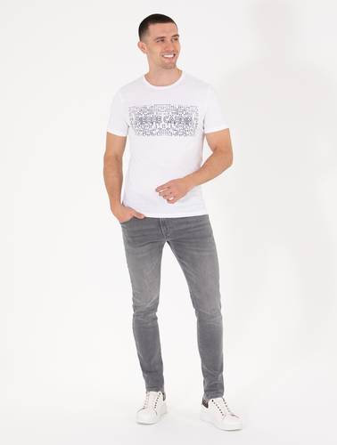 Beyaz Slim Fit Pierre Cardin Baskılı Bisiklet Yaka Tişört