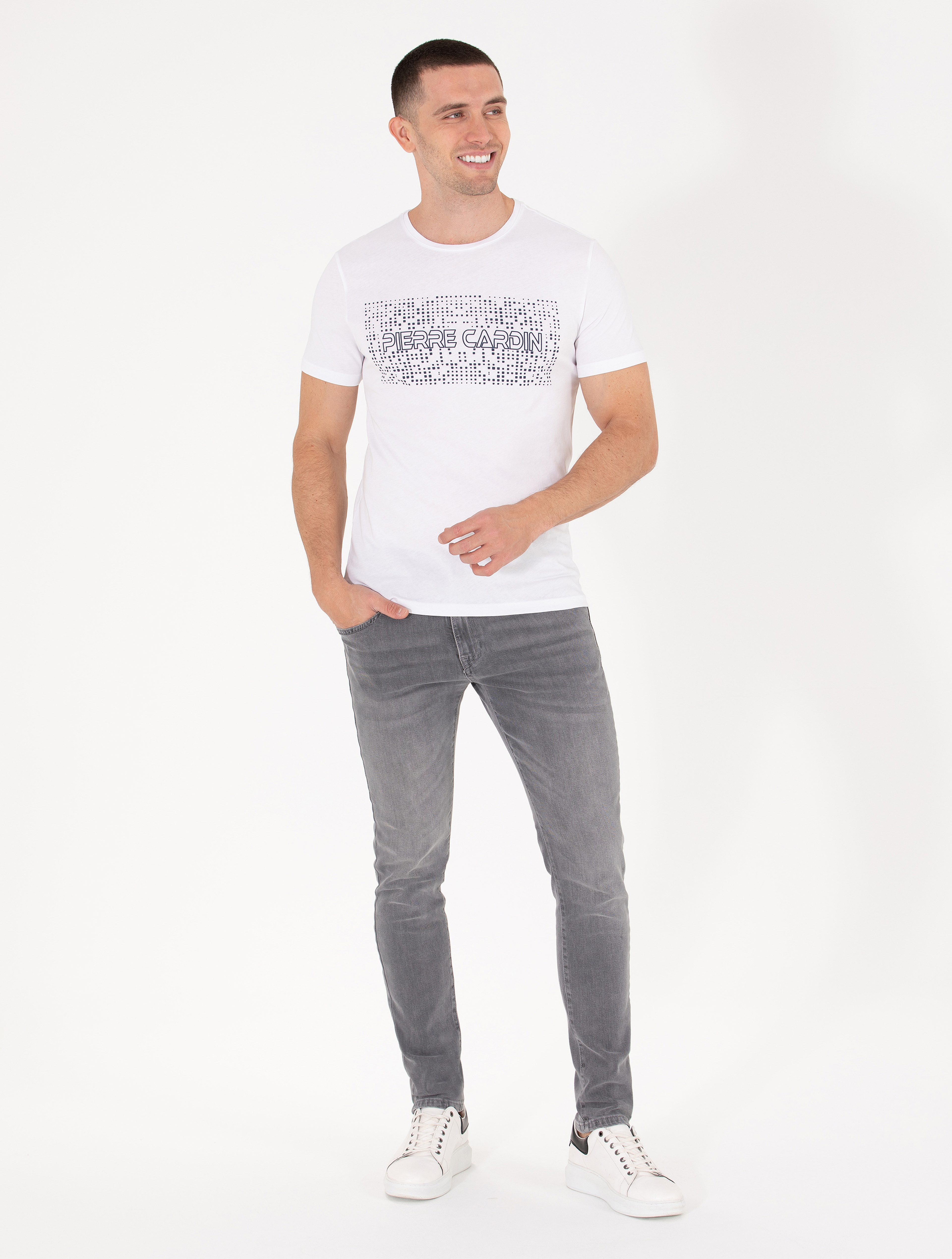 Beyaz Slim Fit Pierre Cardin Baskılı Bisiklet Yaka Tişört - Image 4
