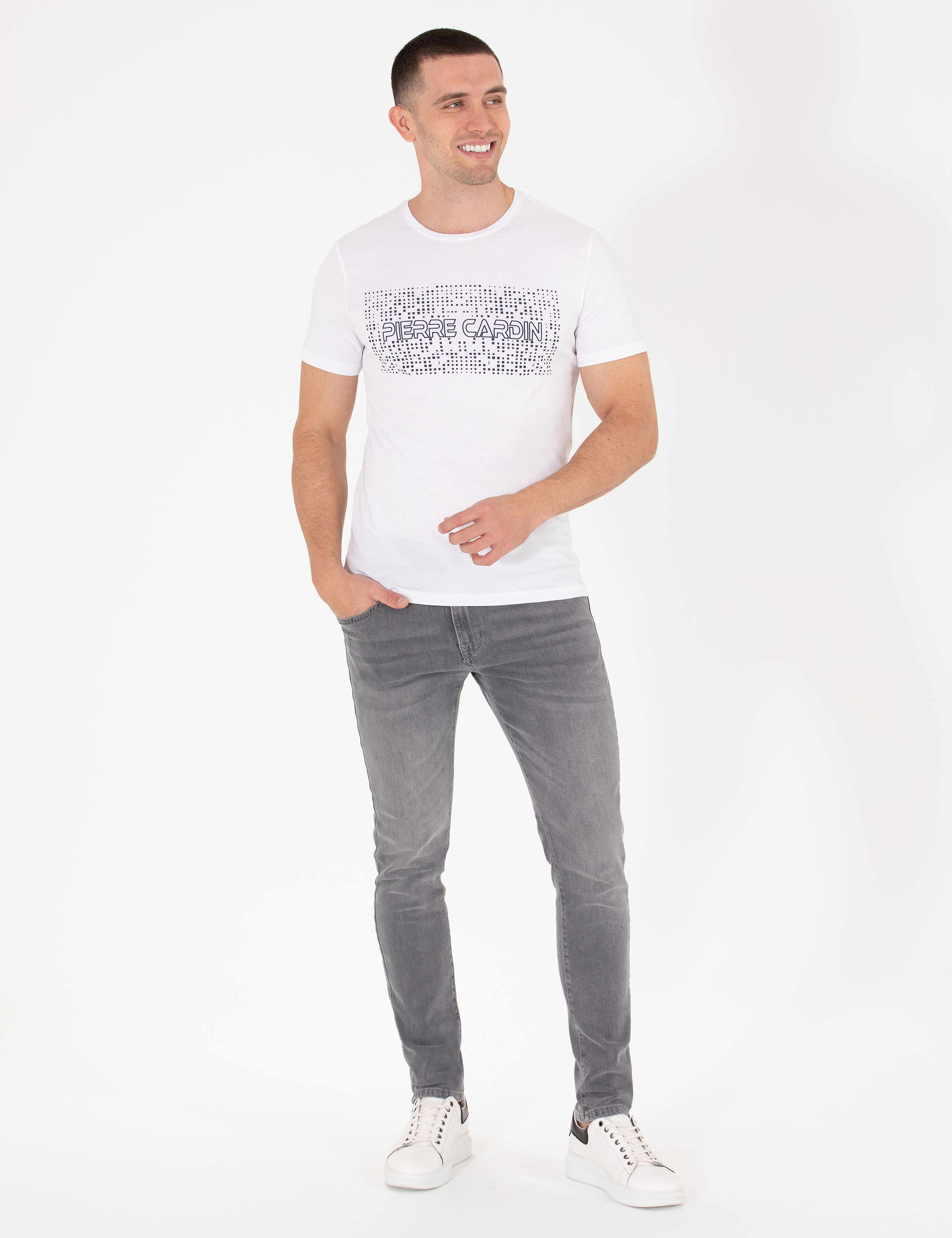 Beyaz Slim Fit Pierre Cardin Baskılı Bisiklet Yaka Tişört