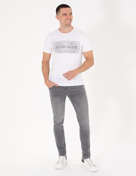 Beyaz Slim Fit Pierre Cardin Baskılı Bisiklet Yaka Tişört - 50262618022
