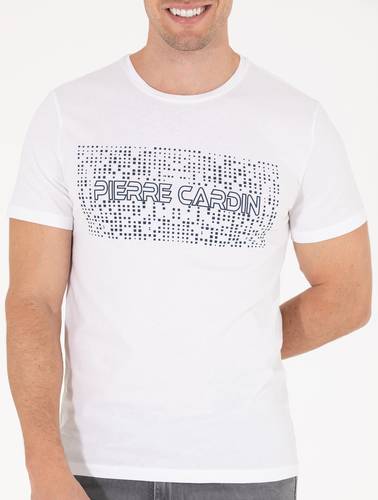 Beyaz Slim Fit Pierre Cardin Baskılı Bisiklet Yaka Tişört
