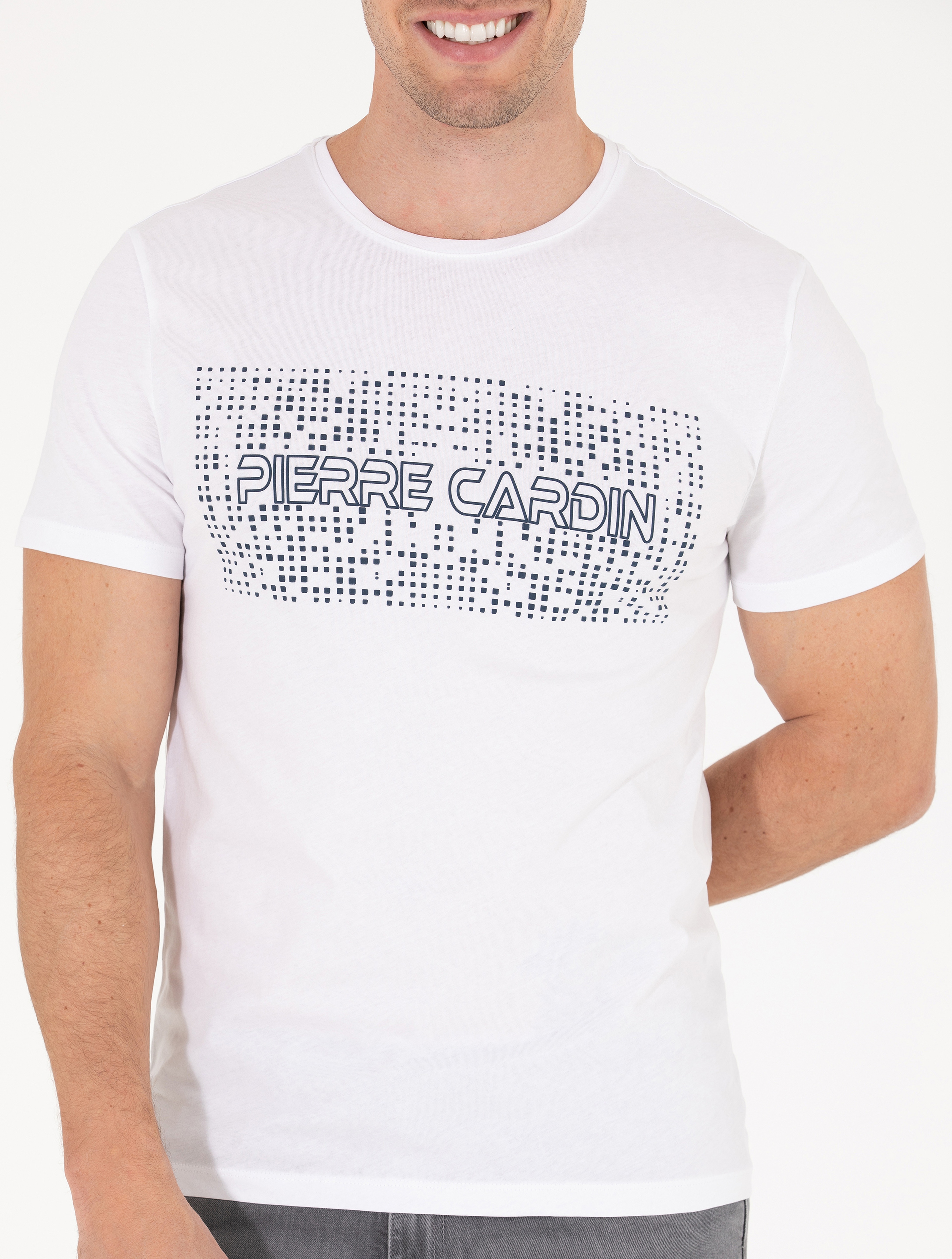 Beyaz Slim Fit Pierre Cardin Baskılı Bisiklet Yaka Tişört - Image 6
