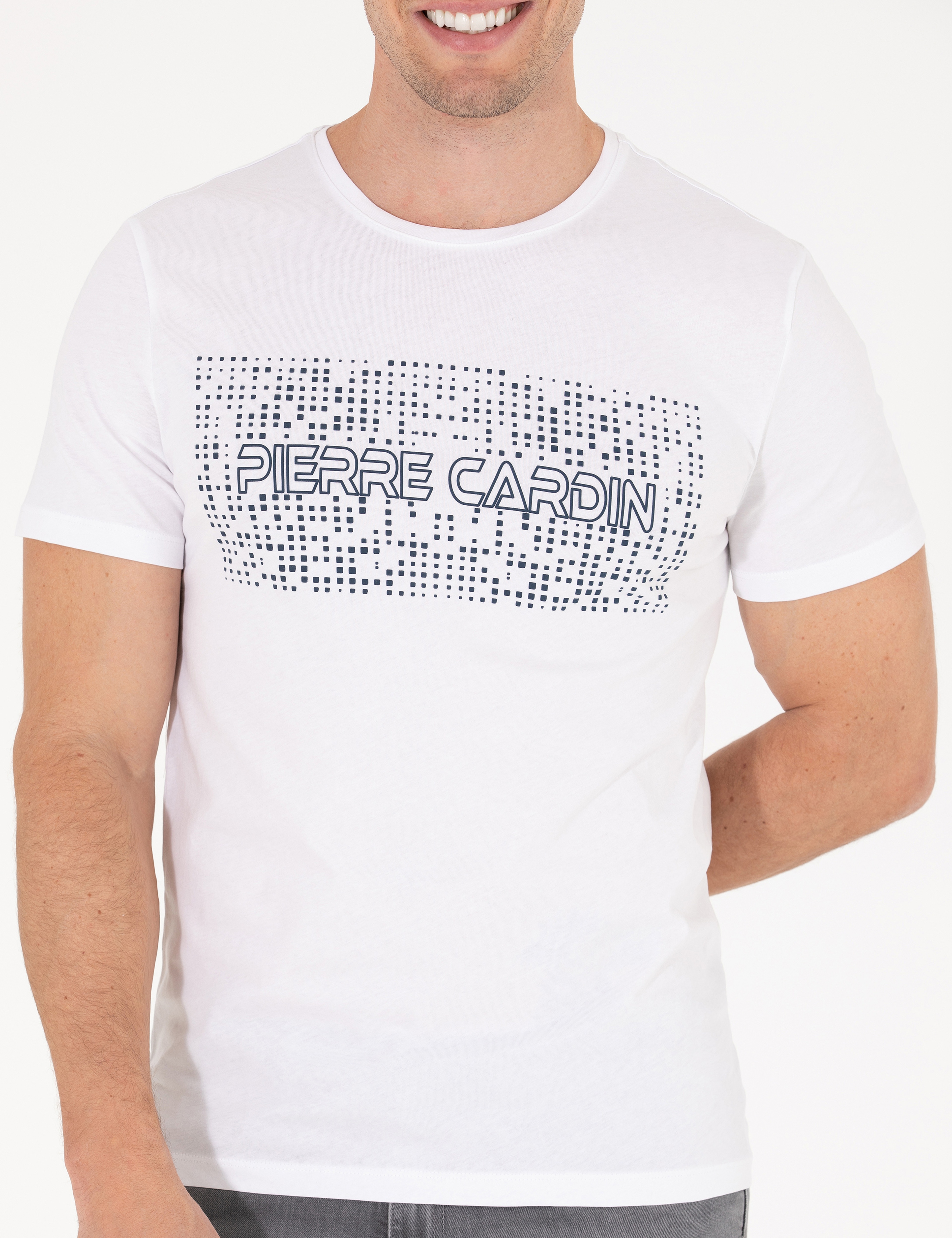 Beyaz Slim Fit Pierre Cardin Baskılı Bisiklet Yaka Tişört