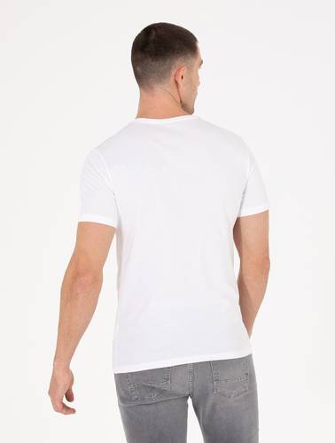 Beyaz Slim Fit Pierre Cardin Baskılı Bisiklet Yaka Tişört