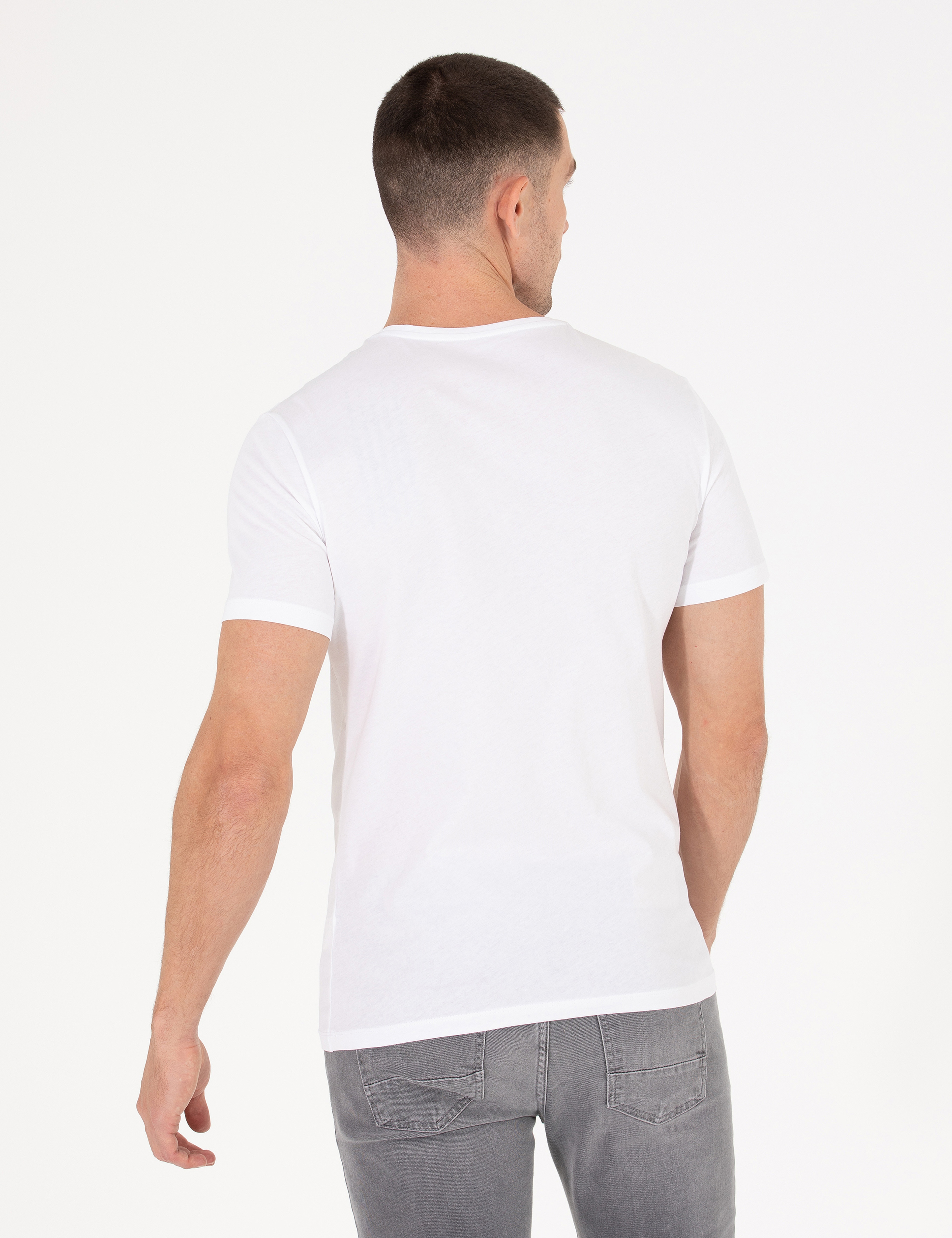 Beyaz Slim Fit Pierre Cardin Baskılı Bisiklet Yaka Tişört