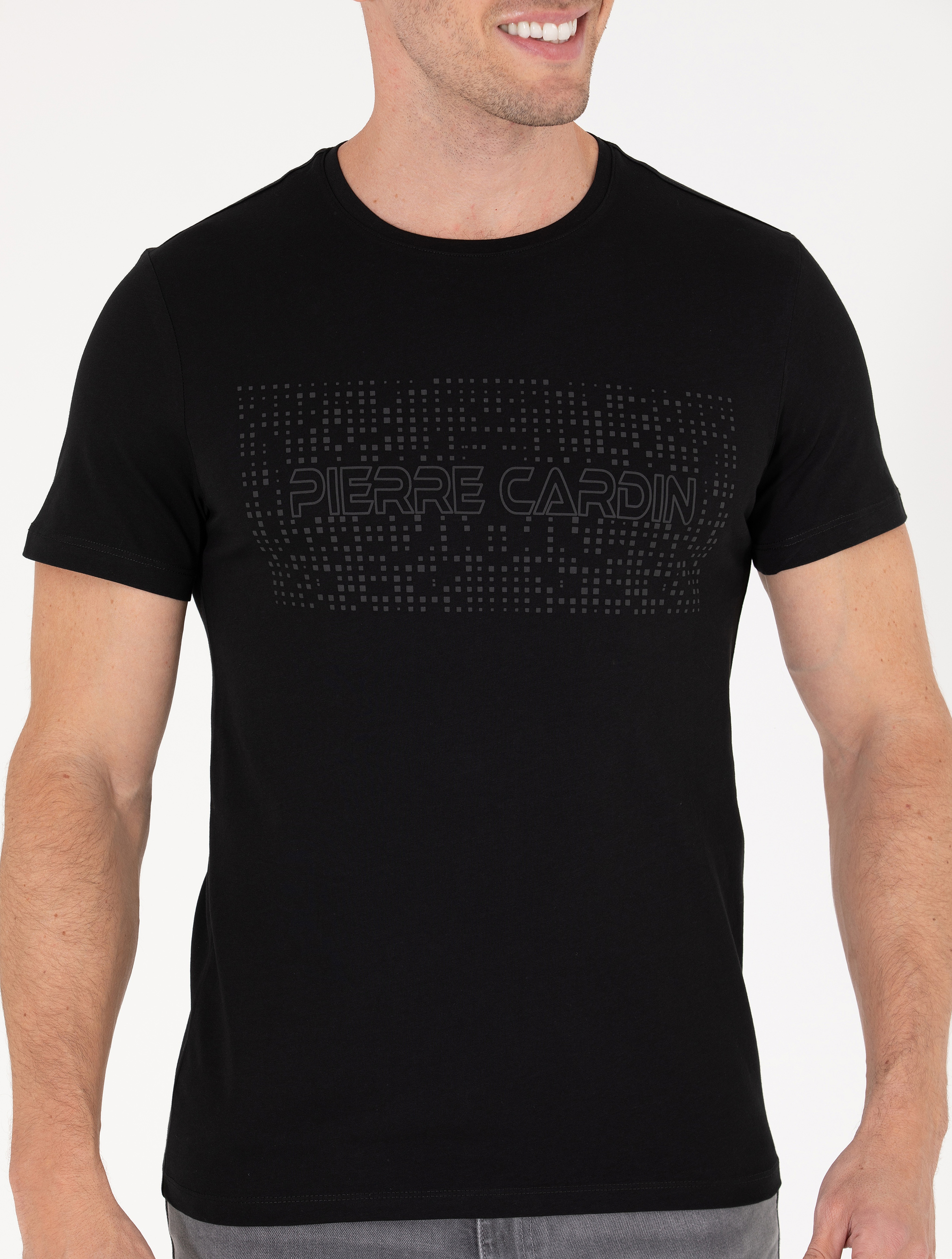 Siyah Slim Fit Baskılı Bisiklet Yaka Tişört - Image 6