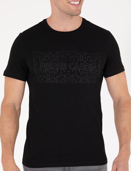 Siyah Slim Fit Baskılı Bisiklet Yaka Tişört - 50262618060