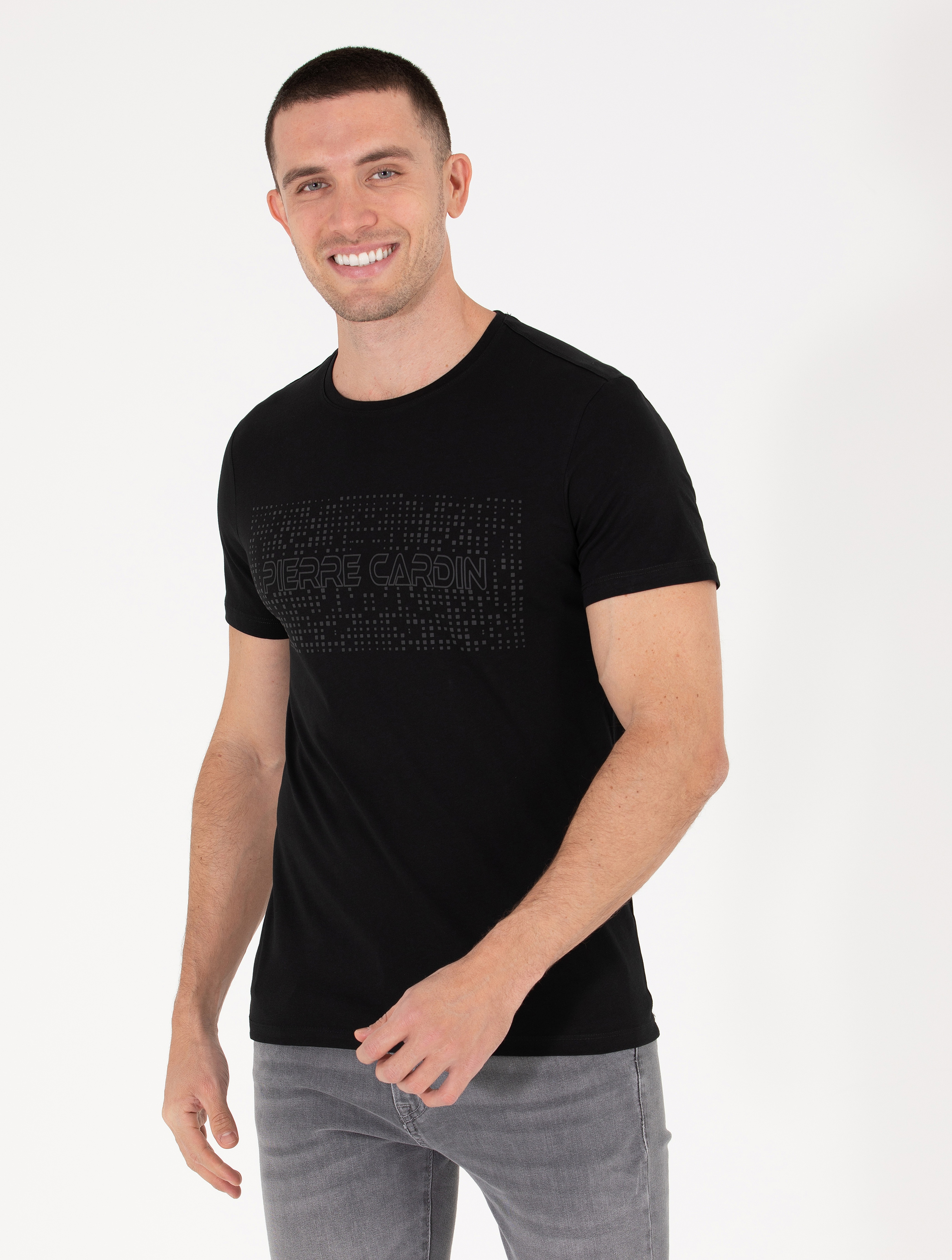 Siyah Slim Fit Baskılı Bisiklet Yaka Tişört - Image 1