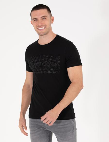 Siyah Slim Fit Baskılı Bisiklet Yaka Tişört - 50262618060