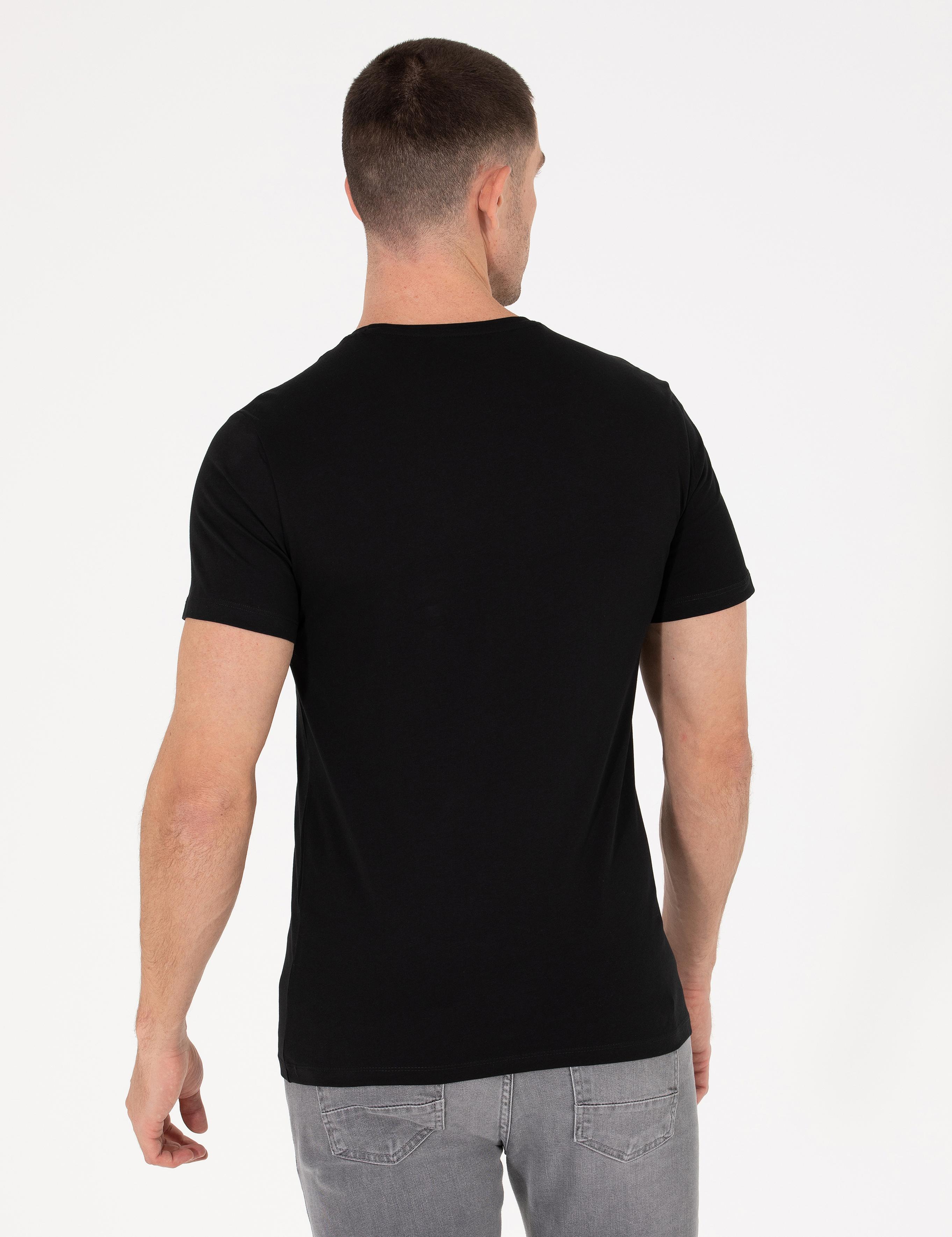 Siyah Slim Fit Baskılı Bisiklet Yaka Tişört