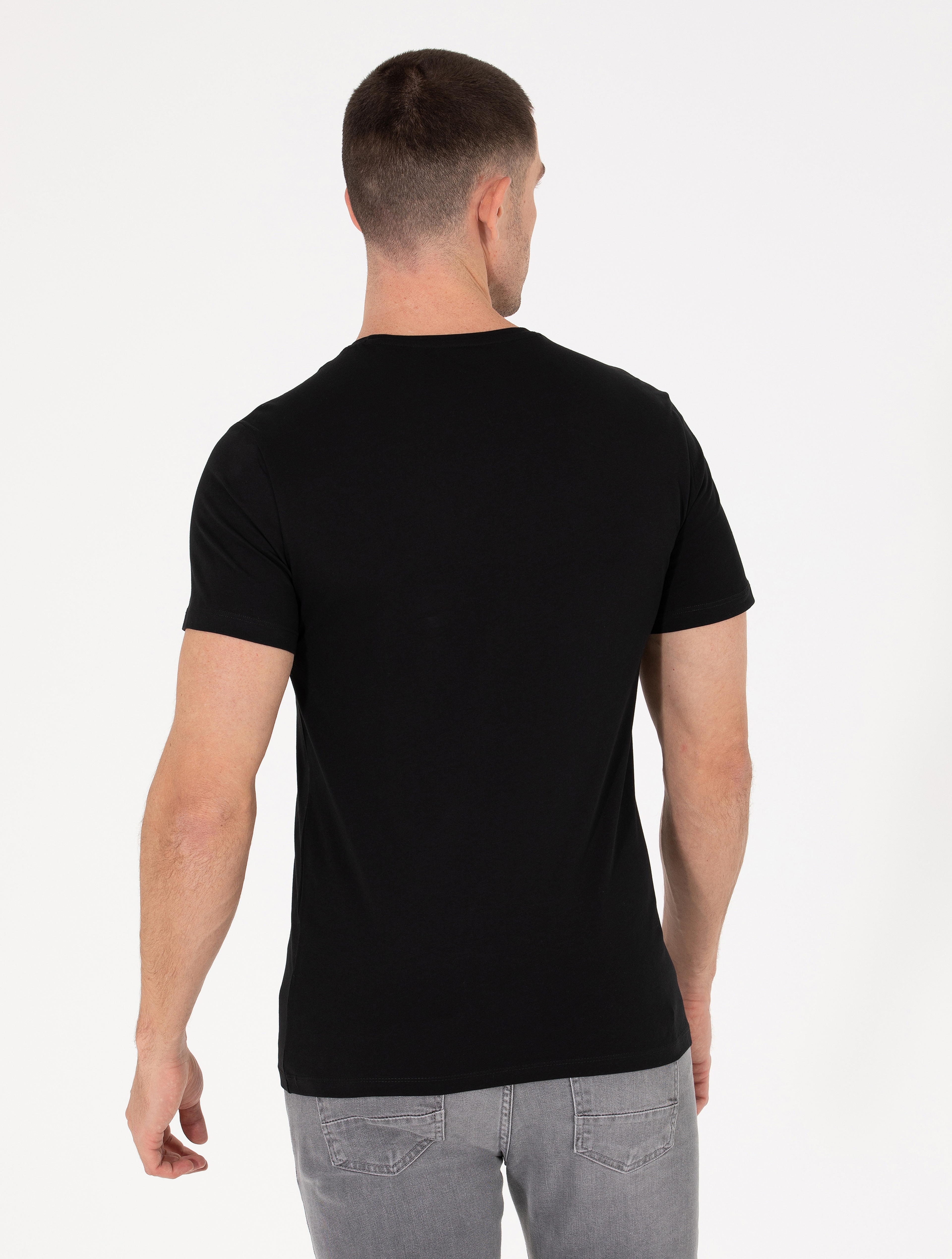 Siyah Slim Fit Baskılı Bisiklet Yaka Tişört - Image 5