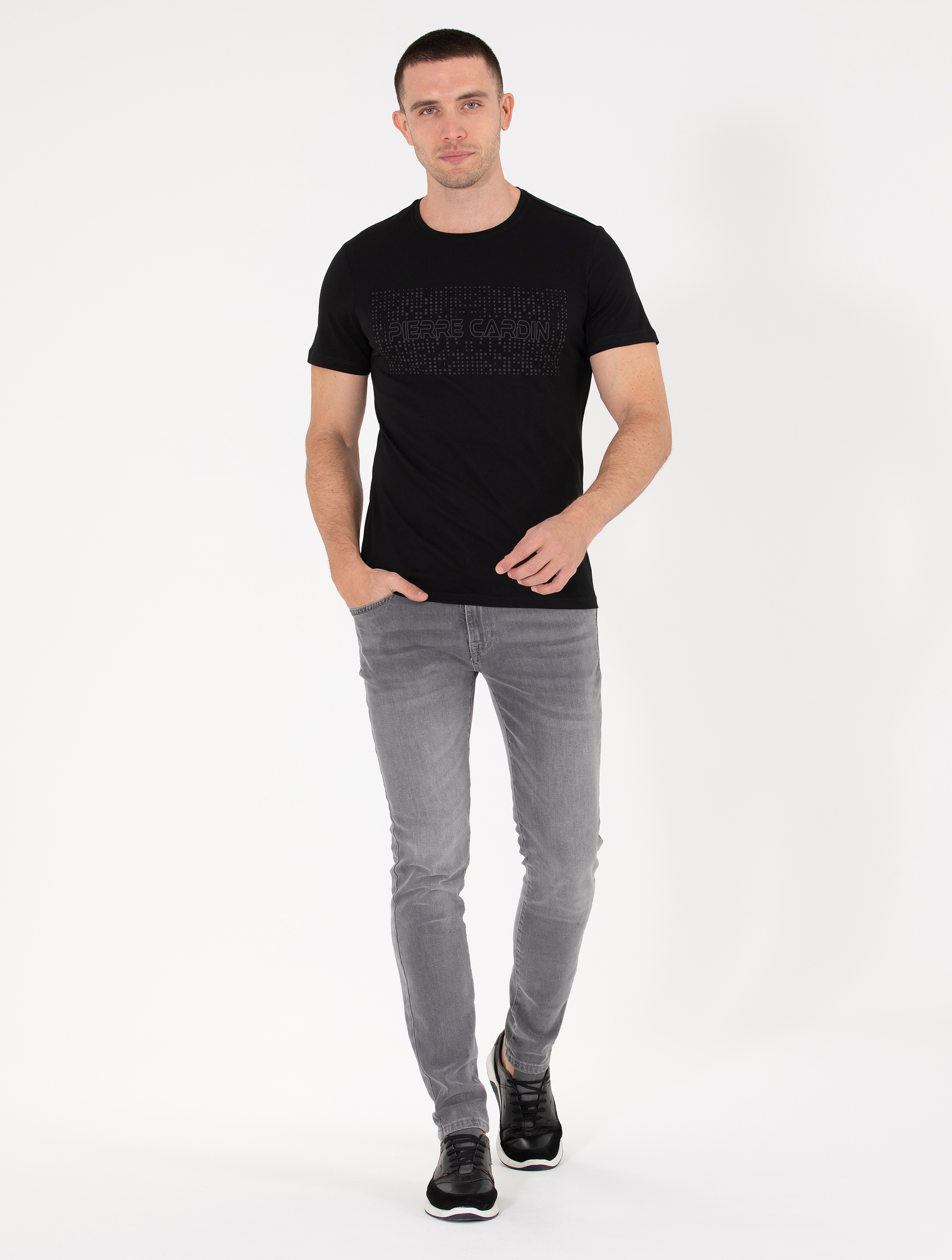 Siyah Slim Fit Baskılı Bisiklet Yaka Tişört - Image 4