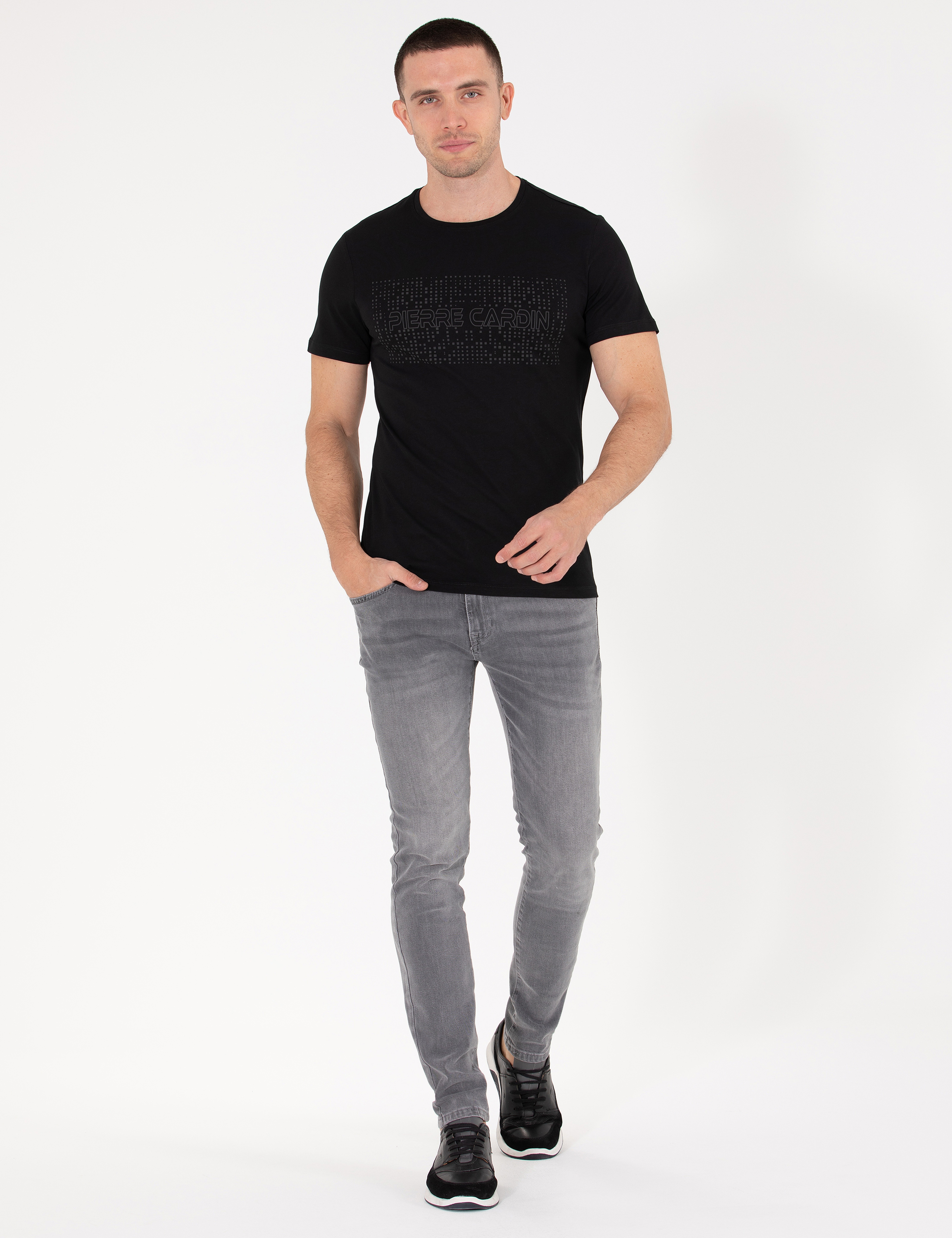 Siyah Slim Fit Baskılı Bisiklet Yaka Tişört