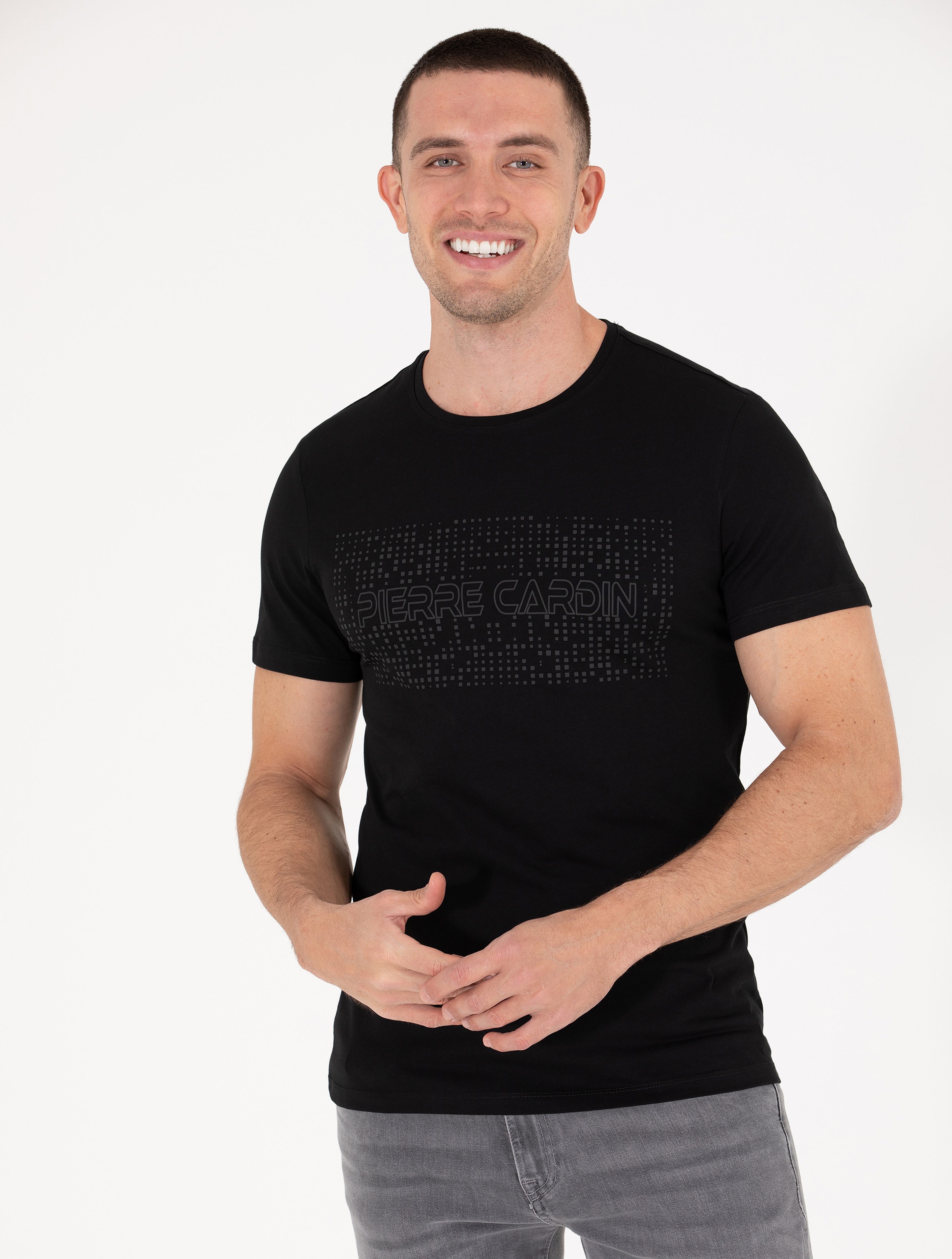 Siyah Slim Fit Baskılı Bisiklet Yaka Tişört - Image 3