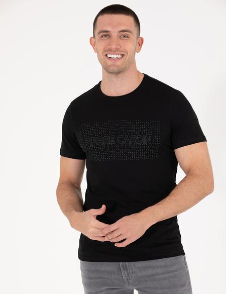 Siyah Slim Fit Baskılı Bisiklet Yaka Tişört - 50262618060