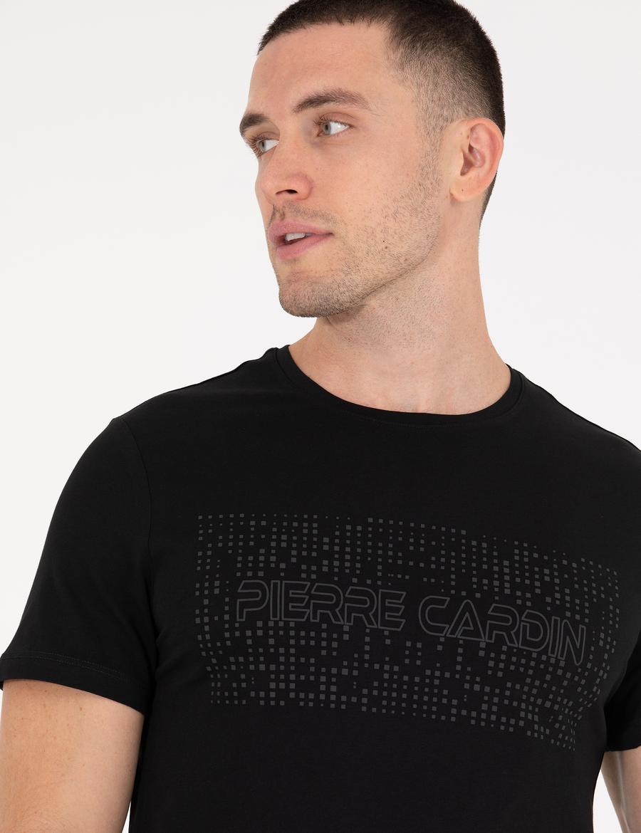 Siyah Slim Fit Baskılı Bisiklet Yaka Tişört