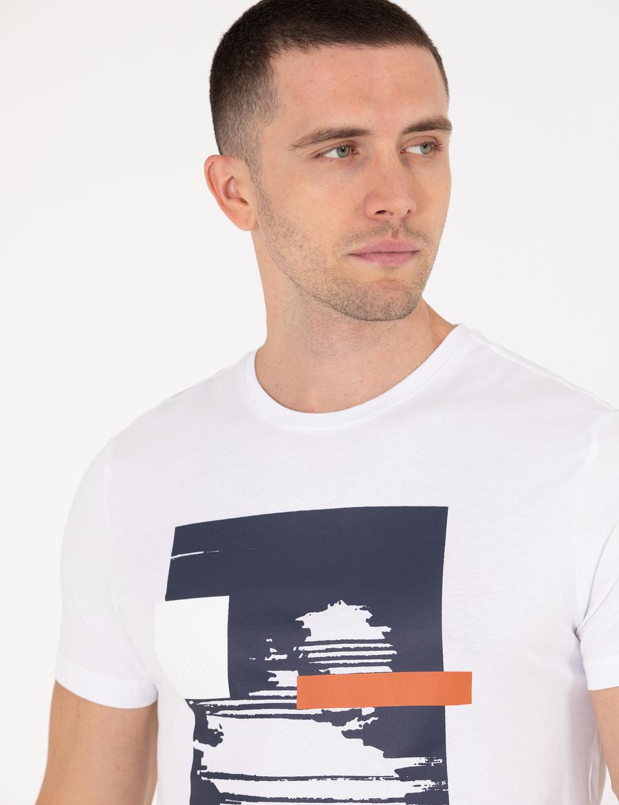 Beyaz Slim Fit Baskılı Bisiklet Yaka Tişört