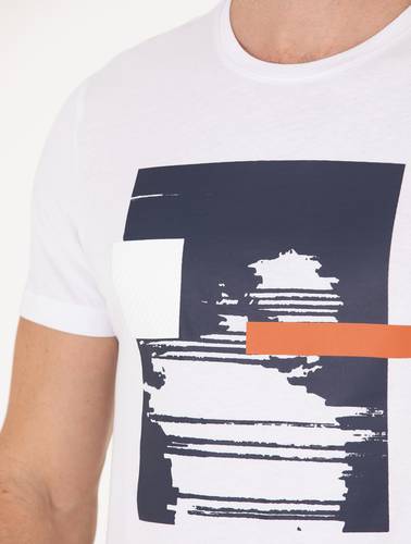 Beyaz Slim Fit Baskılı Bisiklet Yaka Tişört