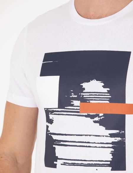 Beyaz Slim Fit Baskılı Bisiklet Yaka Tişört - 50262620056