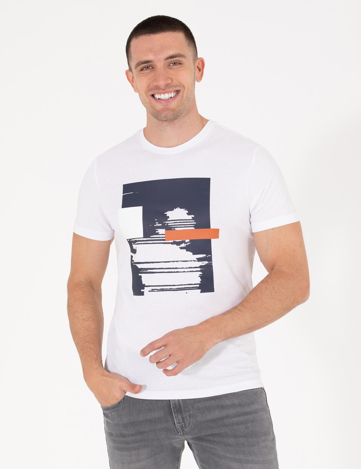 Beyaz Slim Fit Baskılı Bisiklet Yaka Tişört