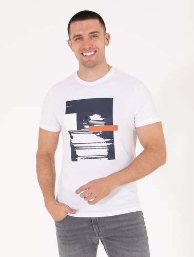 Beyaz Slim Fit Baskılı Bisiklet Yaka Tişört