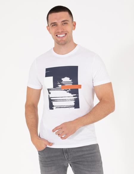 Beyaz Slim Fit Baskılı Bisiklet Yaka Tişört - 50262620056