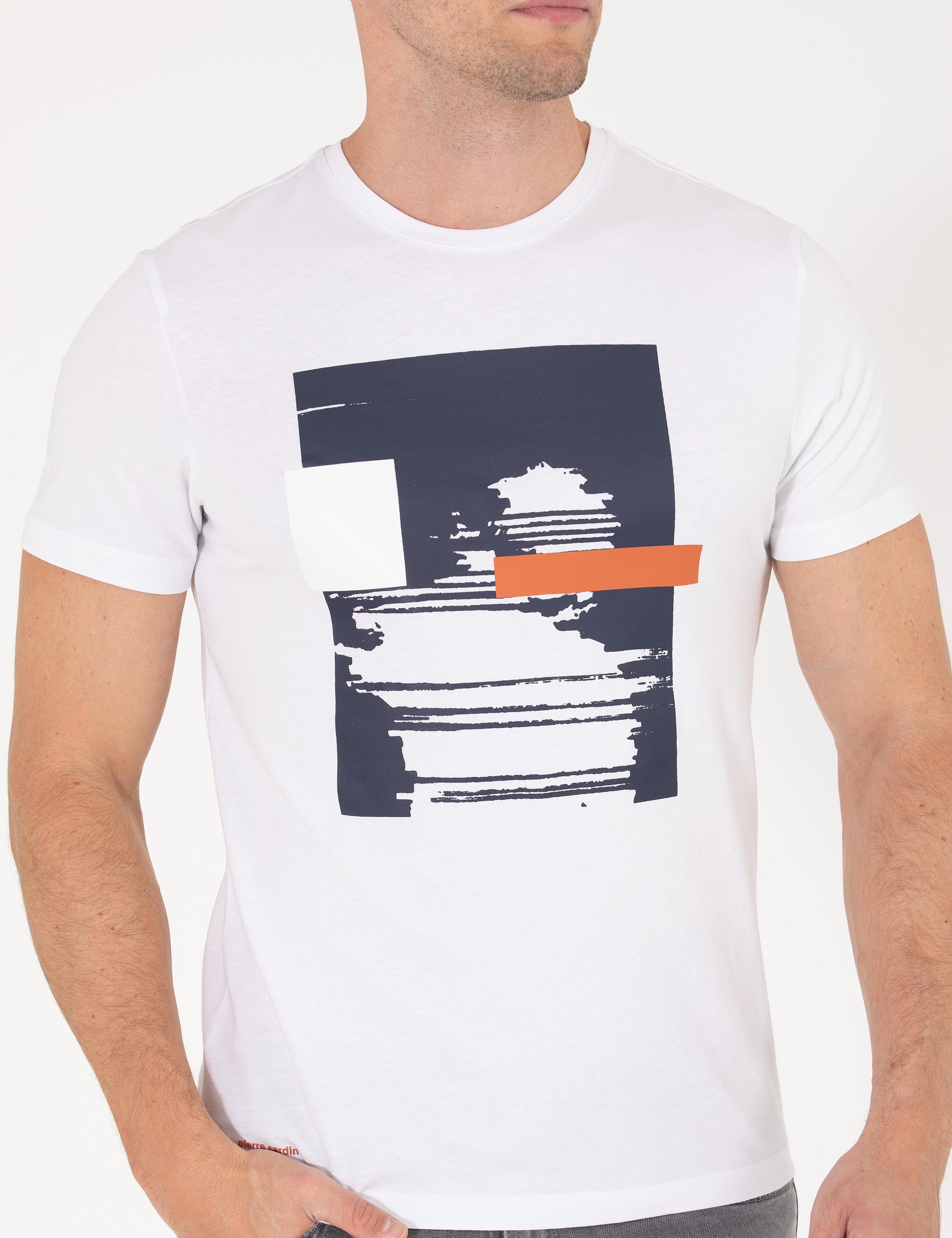 Beyaz Slim Fit Baskılı Bisiklet Yaka Tişört