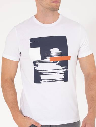 Beyaz Slim Fit Baskılı Bisiklet Yaka Tişört