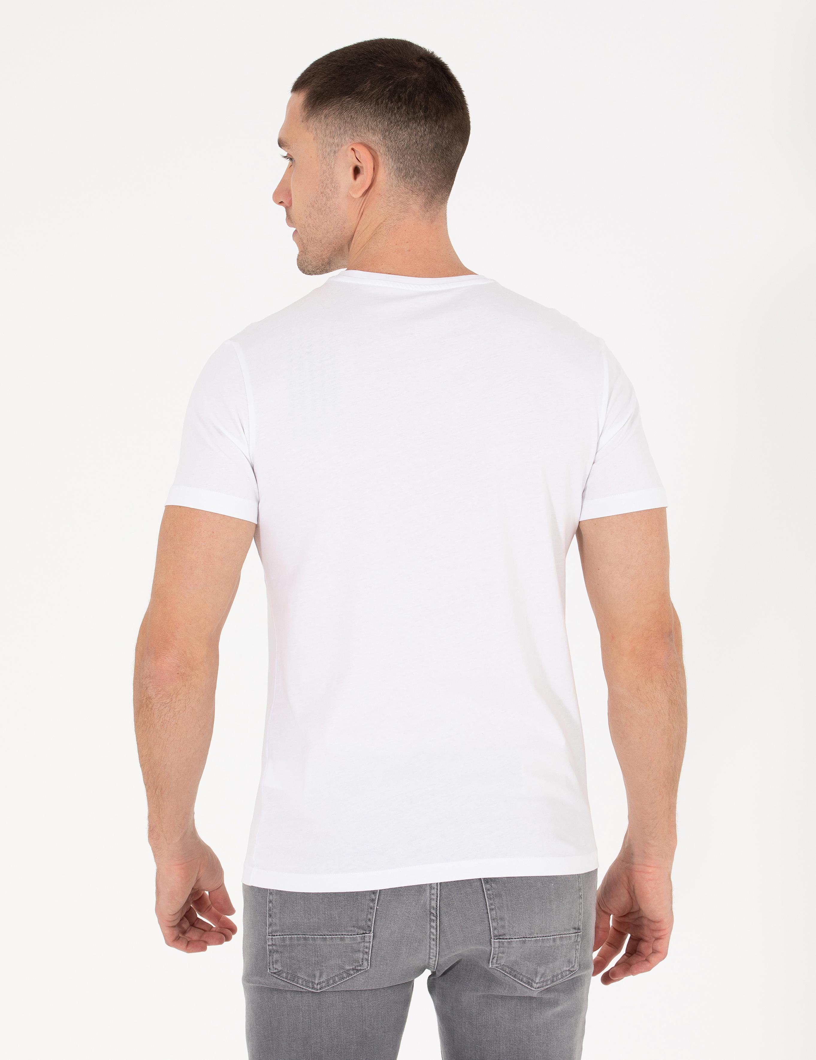 Beyaz Slim Fit Baskılı Bisiklet Yaka Tişört