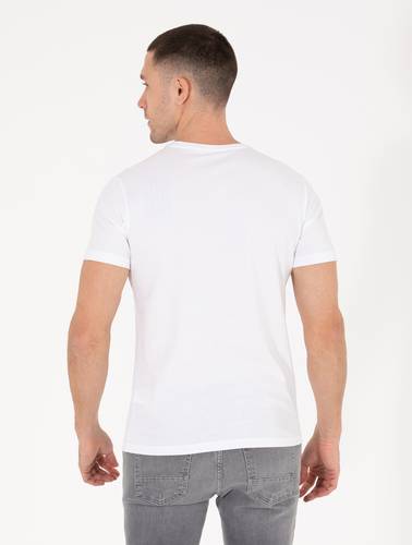 Beyaz Slim Fit Baskılı Bisiklet Yaka Tişört