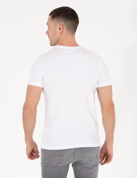 Beyaz Slim Fit Baskılı Bisiklet Yaka Tişört - 50262620056