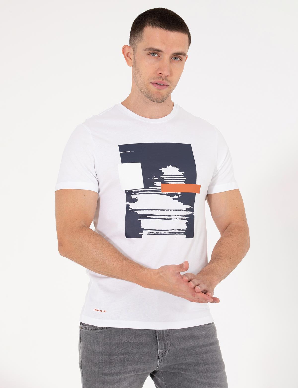 Beyaz Slim Fit Baskılı Bisiklet Yaka Tişört - 50262620056