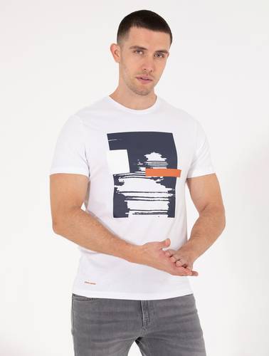 Beyaz Slim Fit Baskılı Bisiklet Yaka Tişört