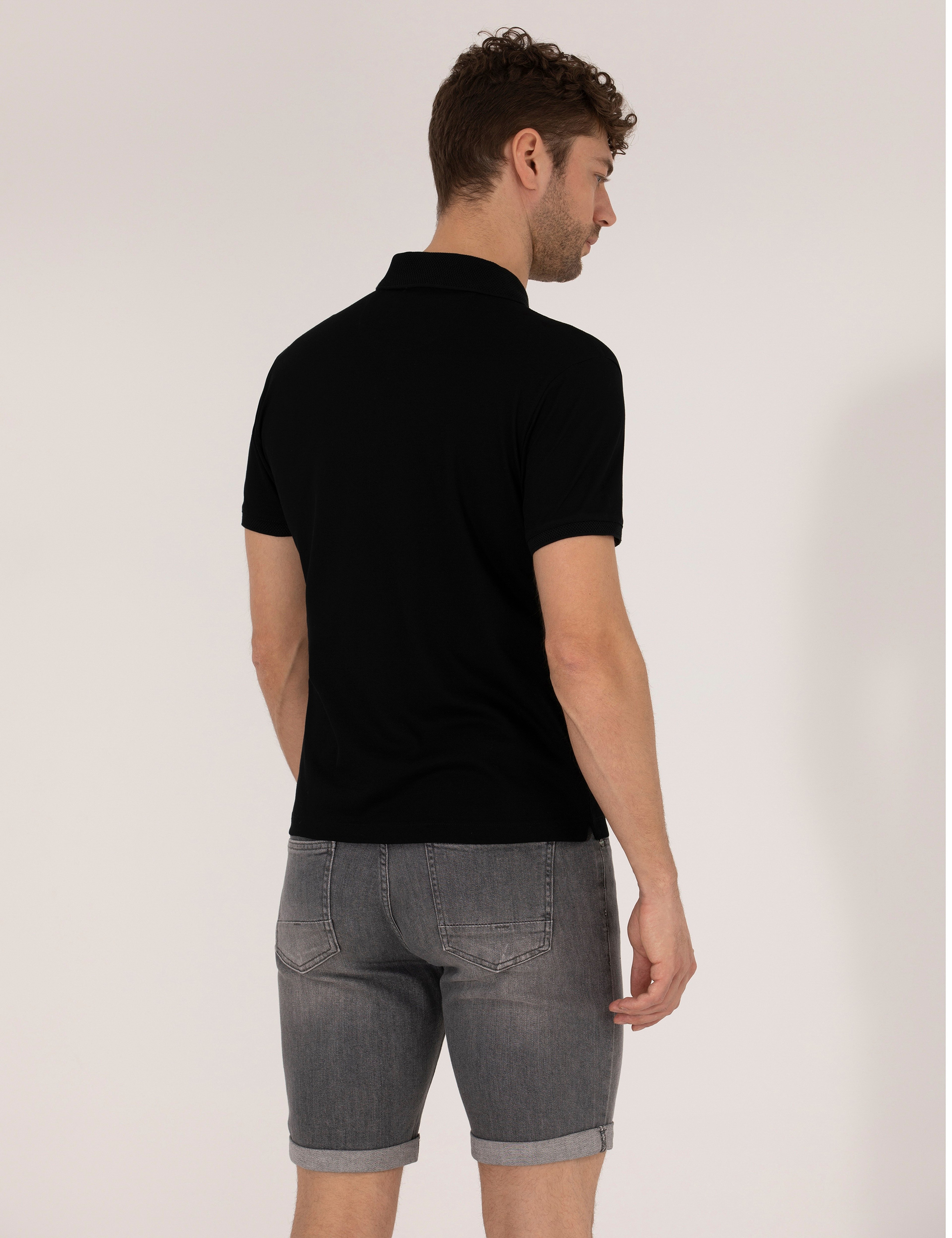 Siyah Regular Fit Polo Yaka Merserize Tişört - Image 5