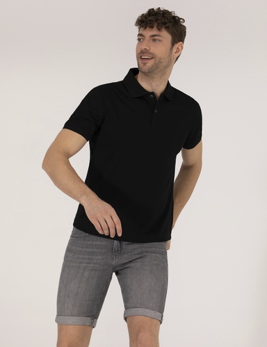 Siyah Regular Fit %100 Pamuk Düğmeli Polo Yaka Merserize Basic Tişört