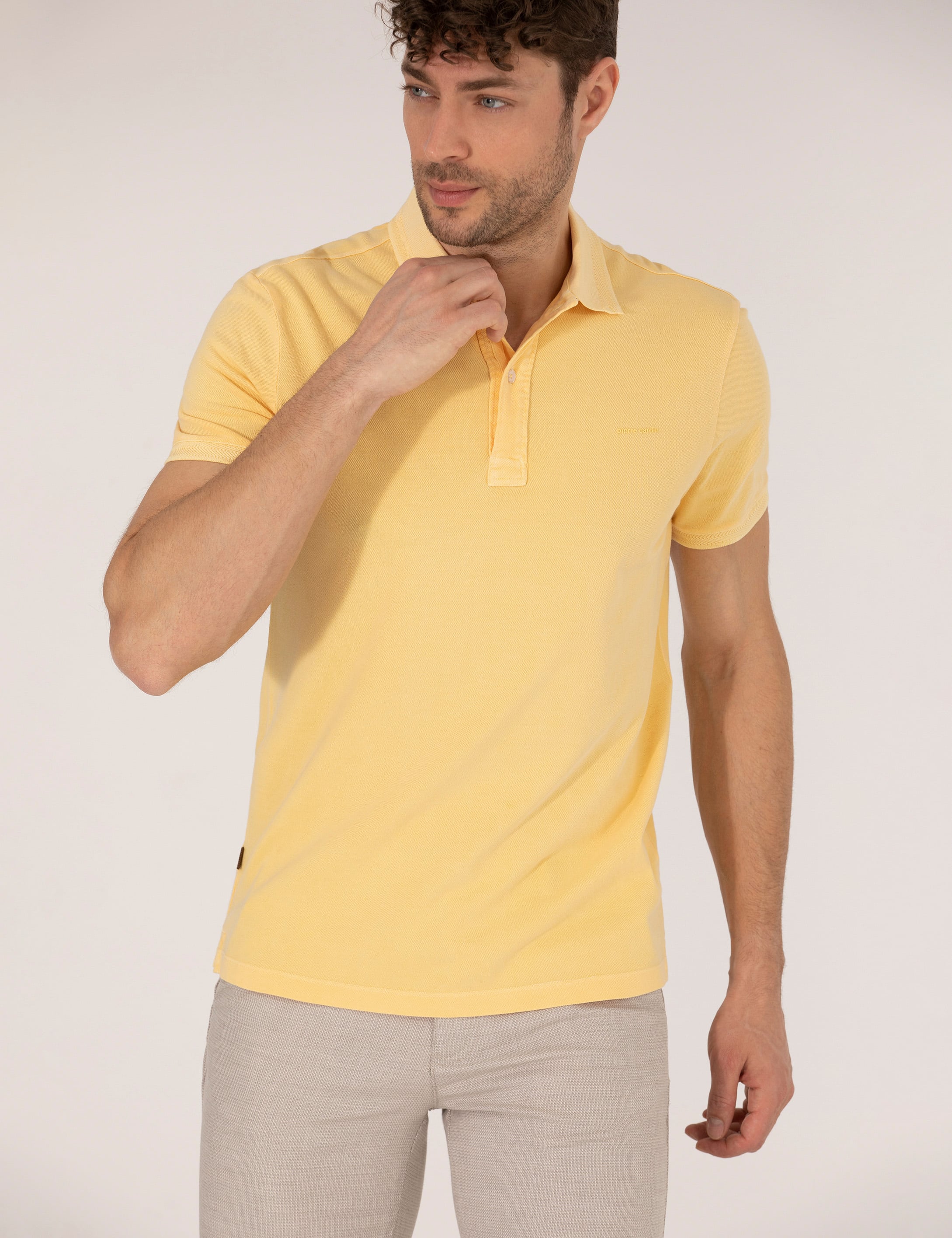 Açık Sarı Slim Fit %100 Pamuk Polo Yaka Tişört - Image 3