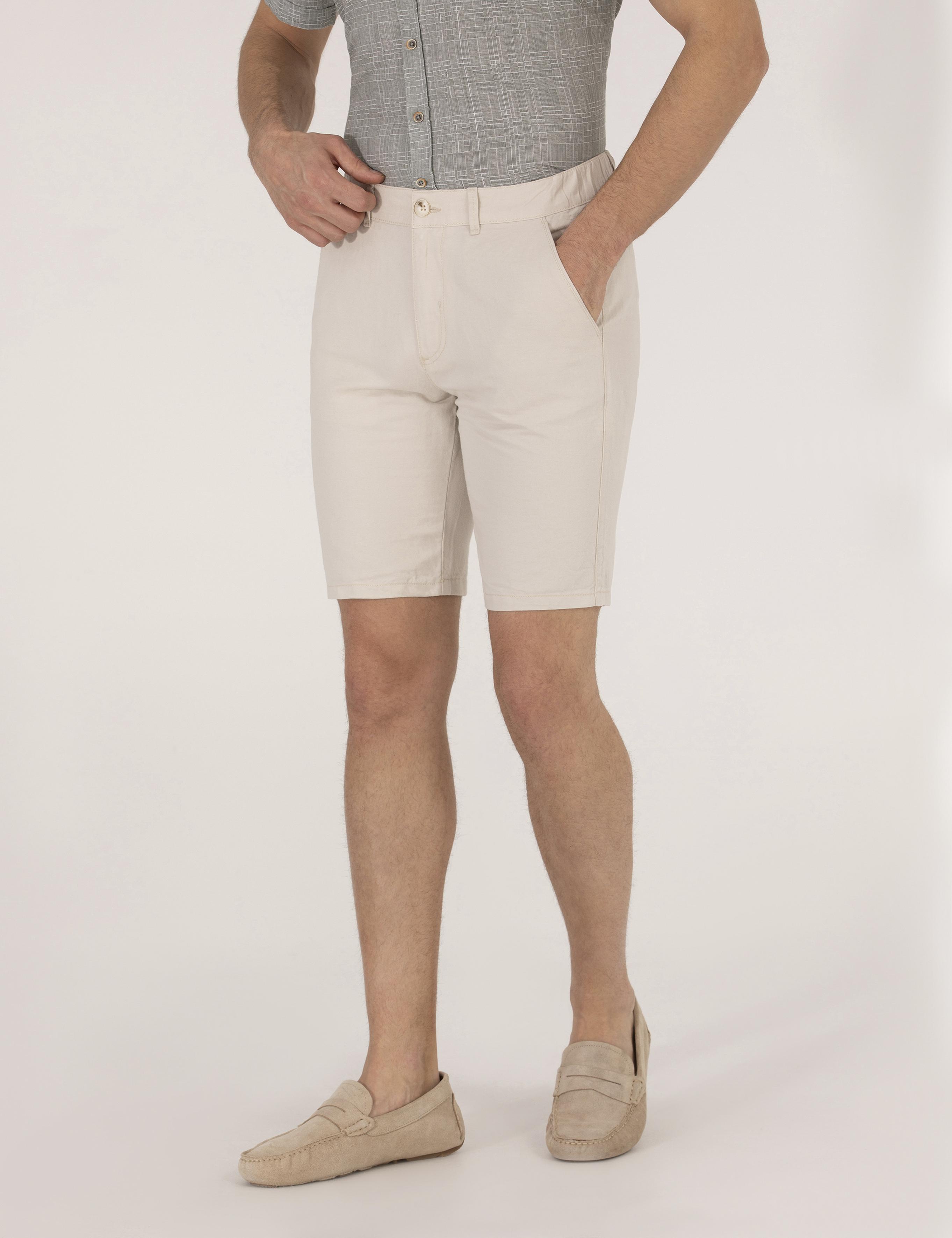 Taş Slim Fit Keten Karışımlı Beli Lastikli Bermuda Şort