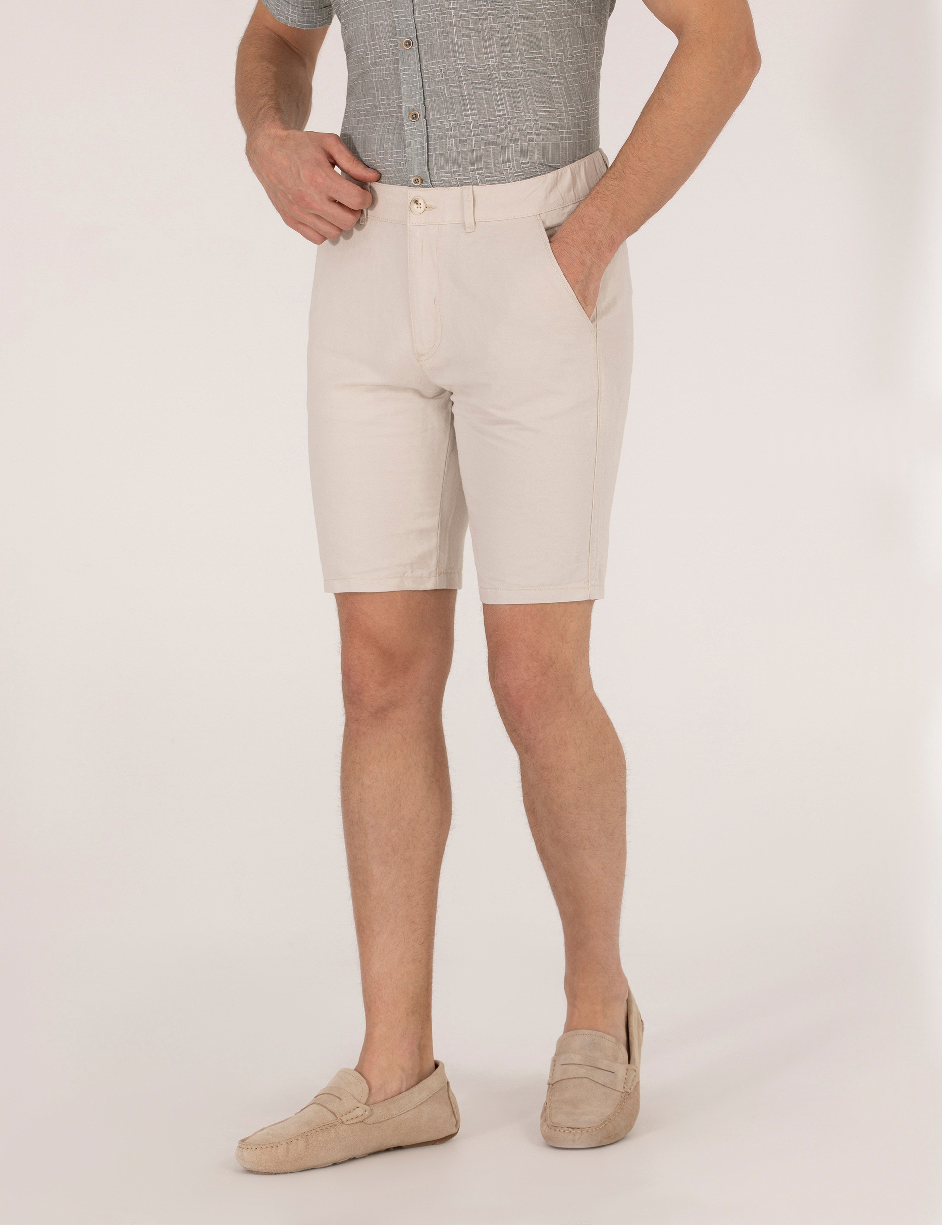 Taş Slim Fit Keten Karışımlı Beli Lastikli Bermuda Şort