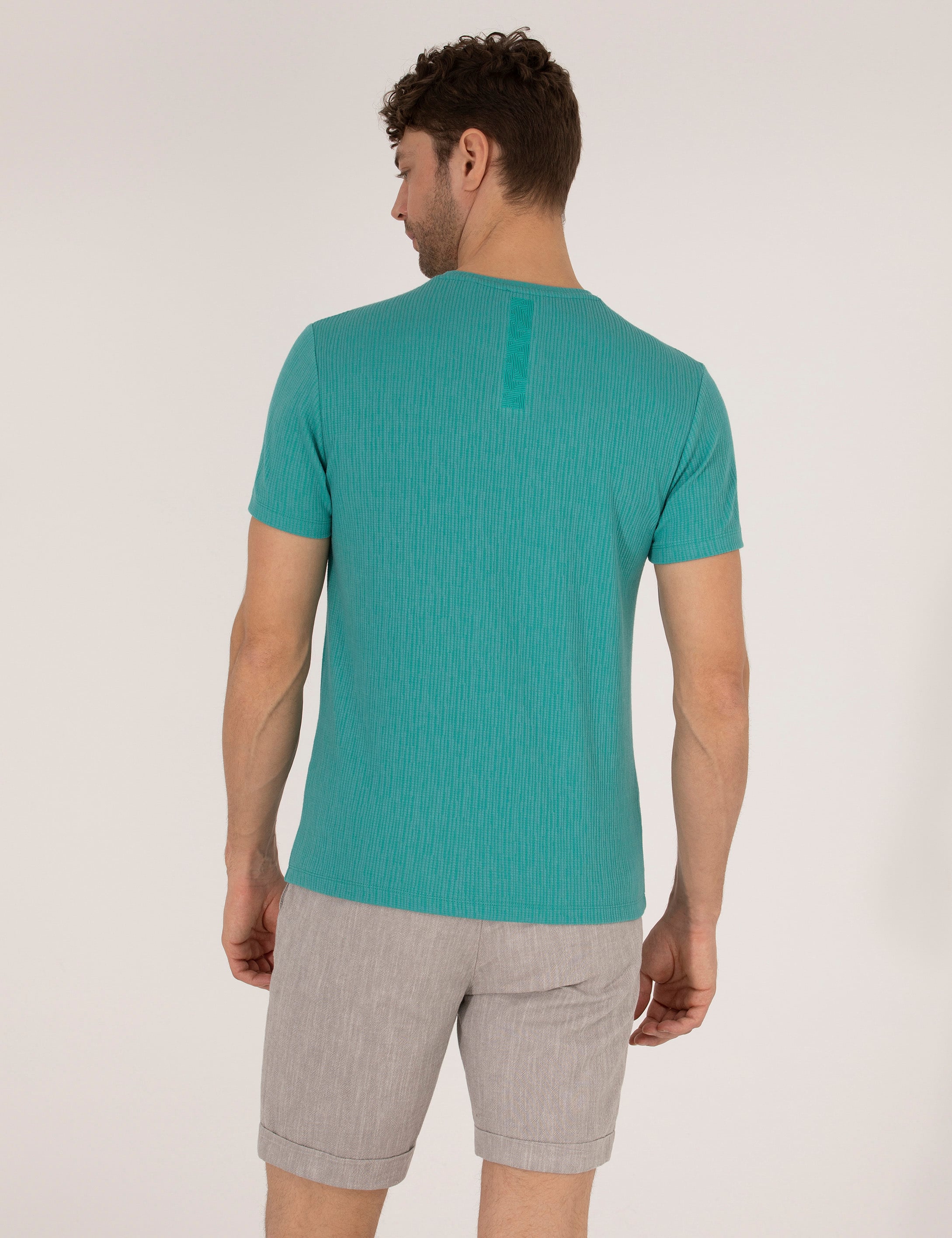 Yeşil Slim Fit Jakarlı Bisiklet Yaka Tişört - Image 5