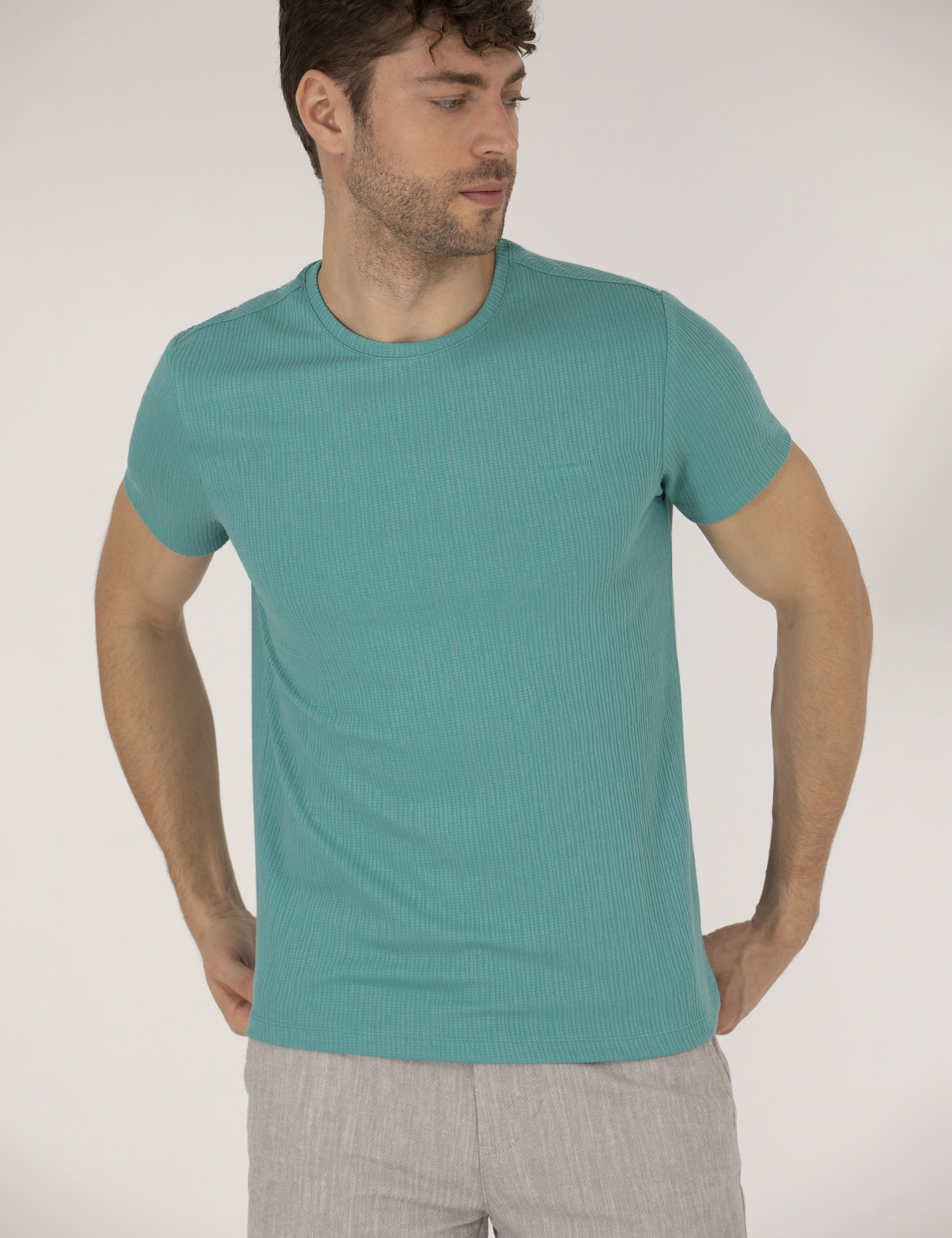 Yeşil Slim Fit Jakarlı Bisiklet Yaka Tişört - Image 2