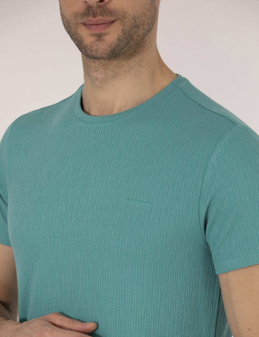 Yeşil Slim Fit Jakarlı Bisiklet Yaka Tişört