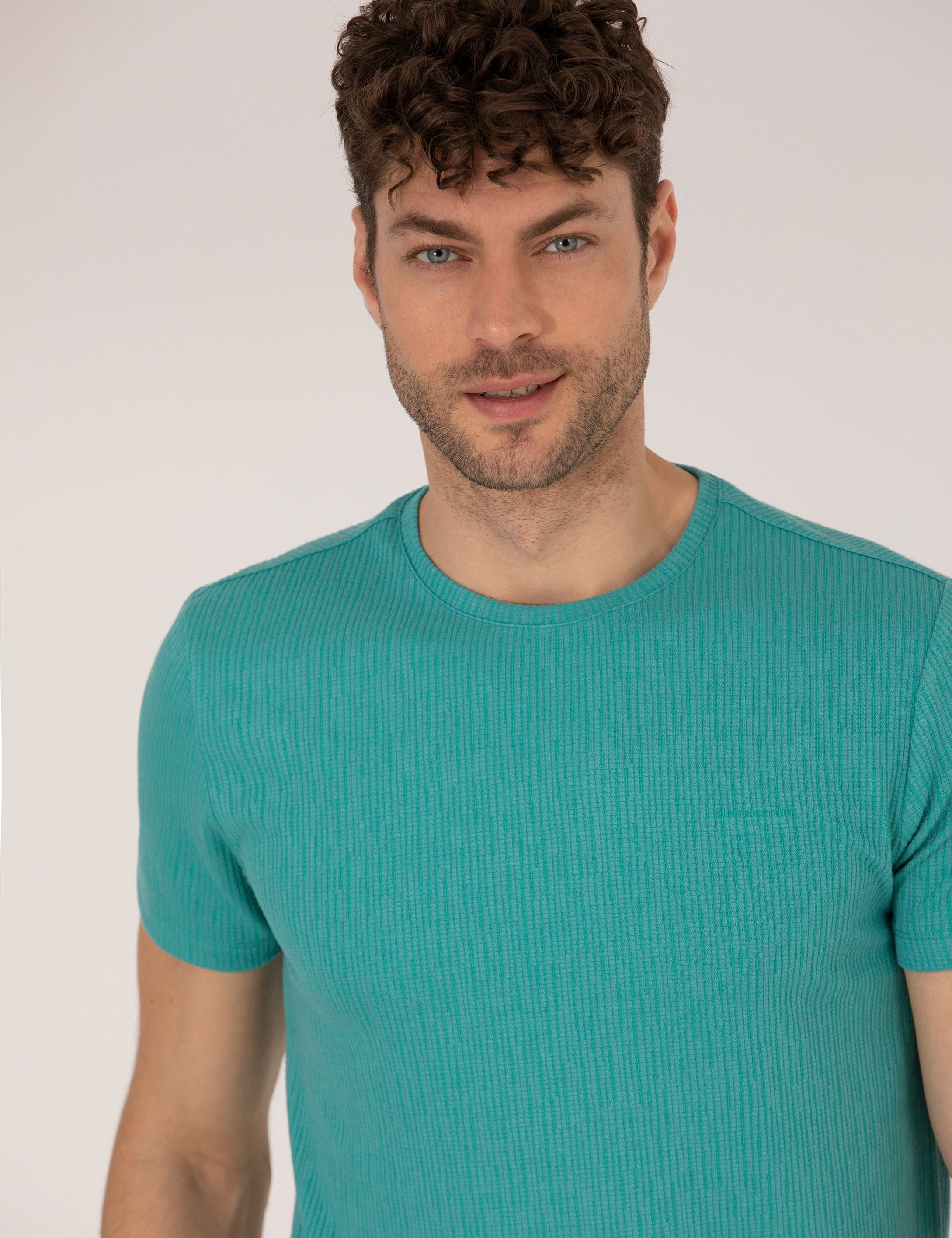 Yeşil Slim Fit Jakarlı Bisiklet Yaka Tişört - Image 3