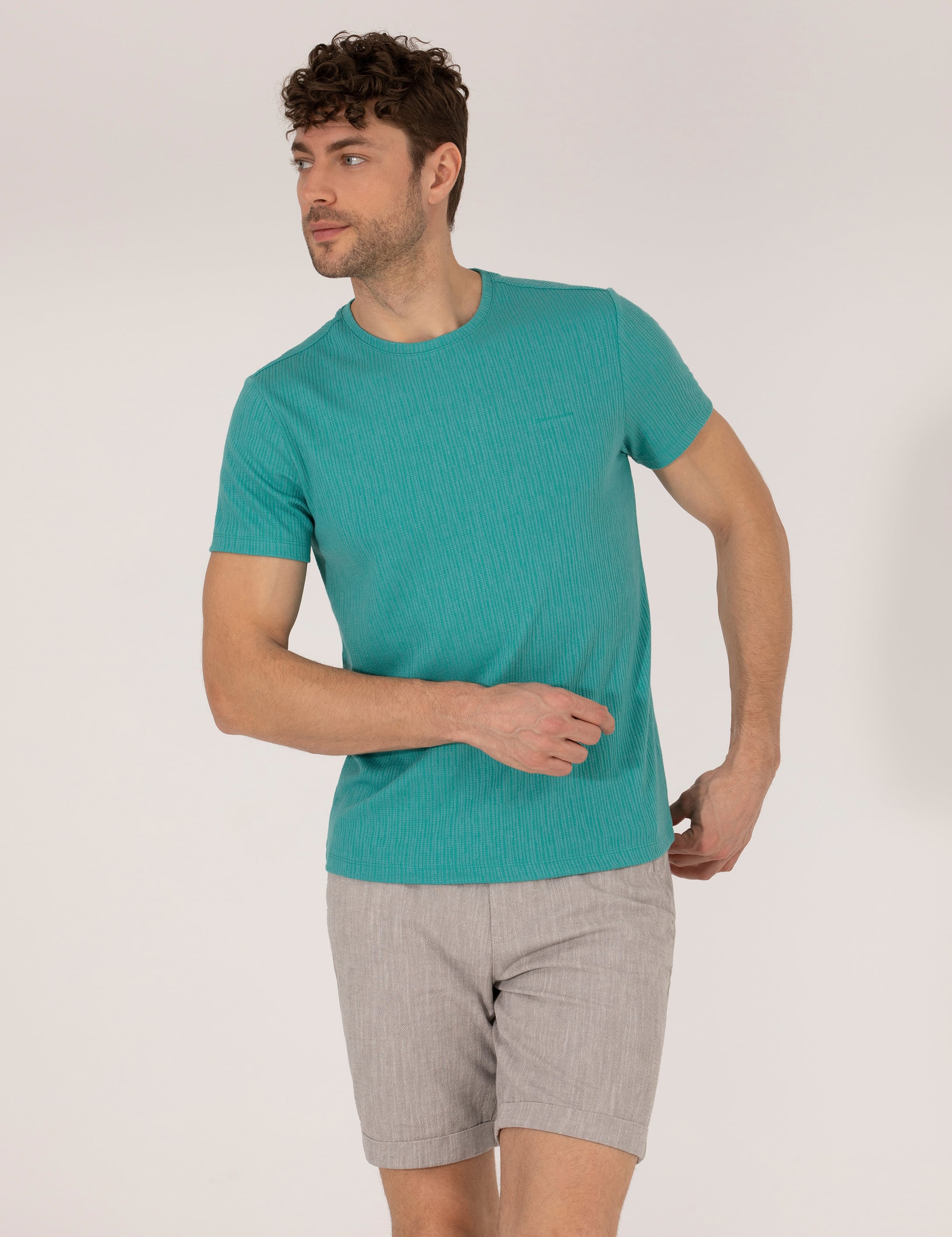 Yeşil Slim Fit Jakarlı Bisiklet Yaka Tişört